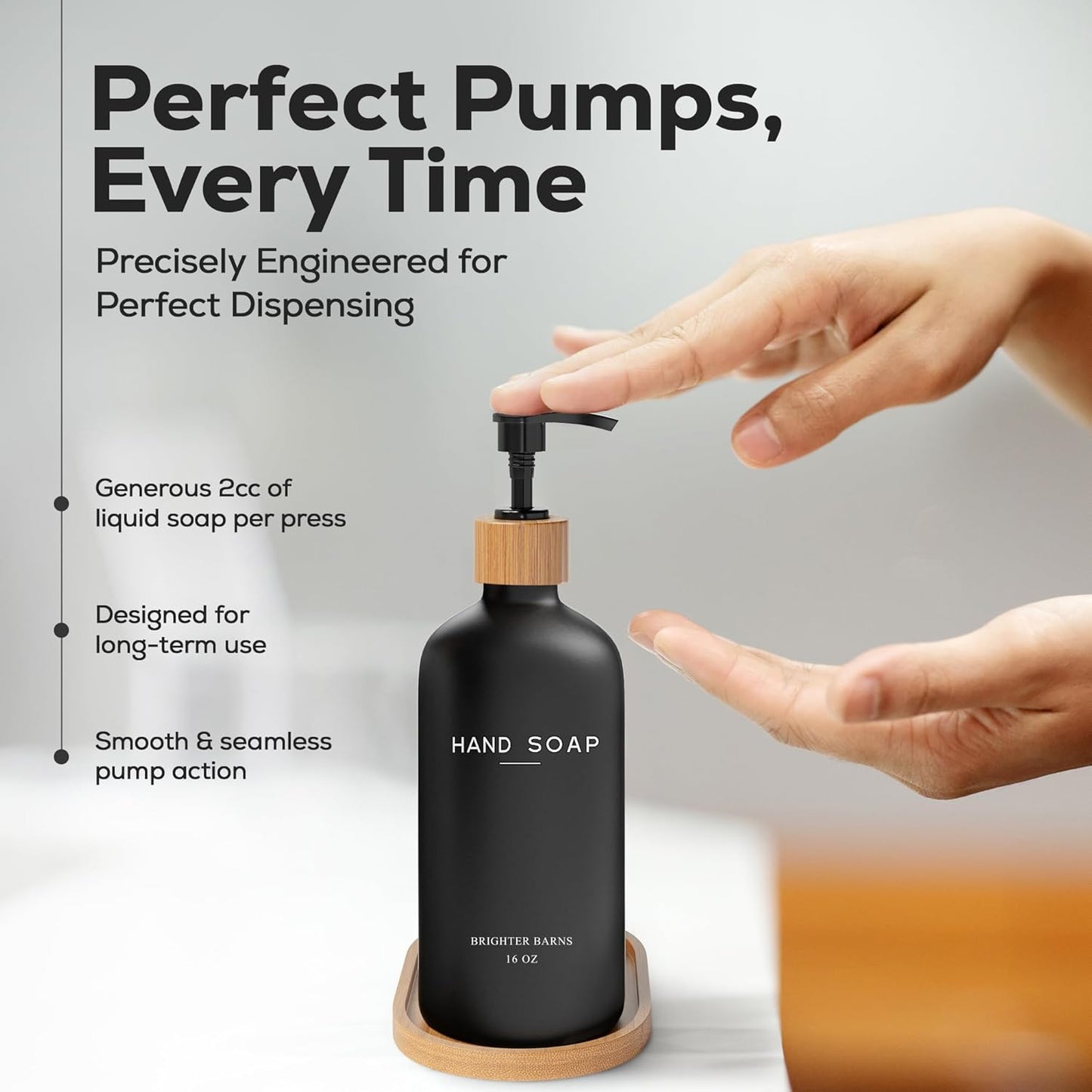 Black Glass Soap and Lotion Dispenser Set with Tray by Brighter Barns - Liquid Hand Soap Dispenser and Pump - Bamboo Bathroom Accessories & Modern Bathroom Decor (Black)