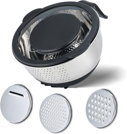 Kitchen Strainers and Colanders with Handle, Stainless Steel Grater with Container, Vegetable Shredder with 3 Blades, Versatile Side Drainer Bowl for Washing Rice, Beans and Fruits