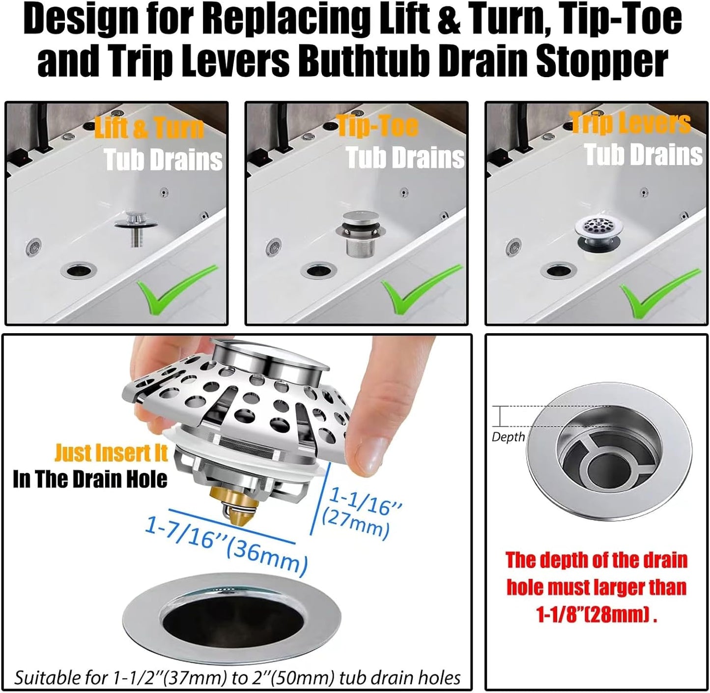 Bathtub Drain Stopper, Pop Up Tub Stopper with Drain Hair Catcher, Bathtub Plug and Cover with Strainer, Universal for 1.5 to 1.8in Tub Drain Hole