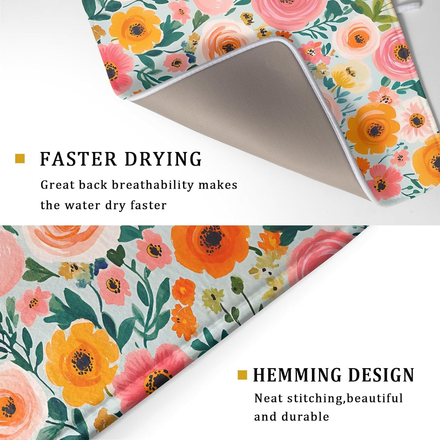 Watercolor Flower Dish Drying Mat - Pink Floral Drying Mat for Kitchen Counter 18 X 24 In