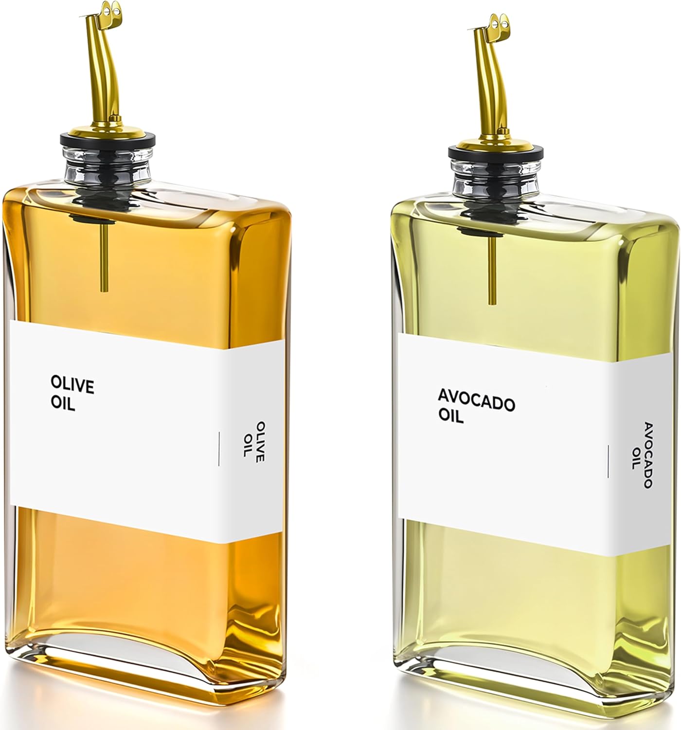 Olive Oil Dispenser Bottle - Includes 44 Kitchen Essential Labels - Cooking Oil Bottles for Kitchen, Coffee Syrup Dispenser - Pourer Spout with 11.8 fl oz Glass Container Cruet - 2pcs, Gold