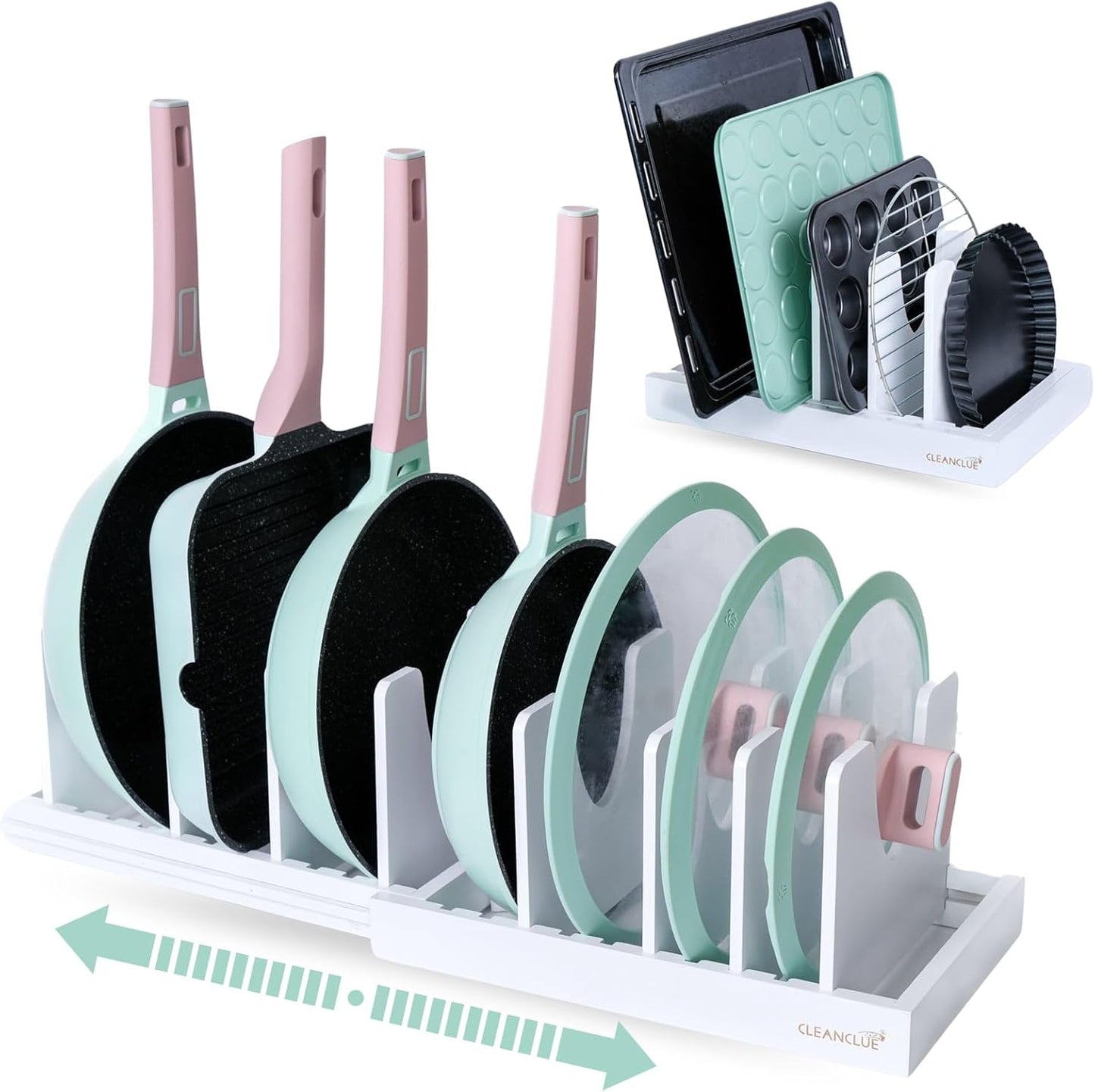 Bamboo Pot and Lid Organizers Bundle: White and Natural - Expandable Kitchen Cabinet Storage for Food Container Lids and Pans - Adjustable Dividers