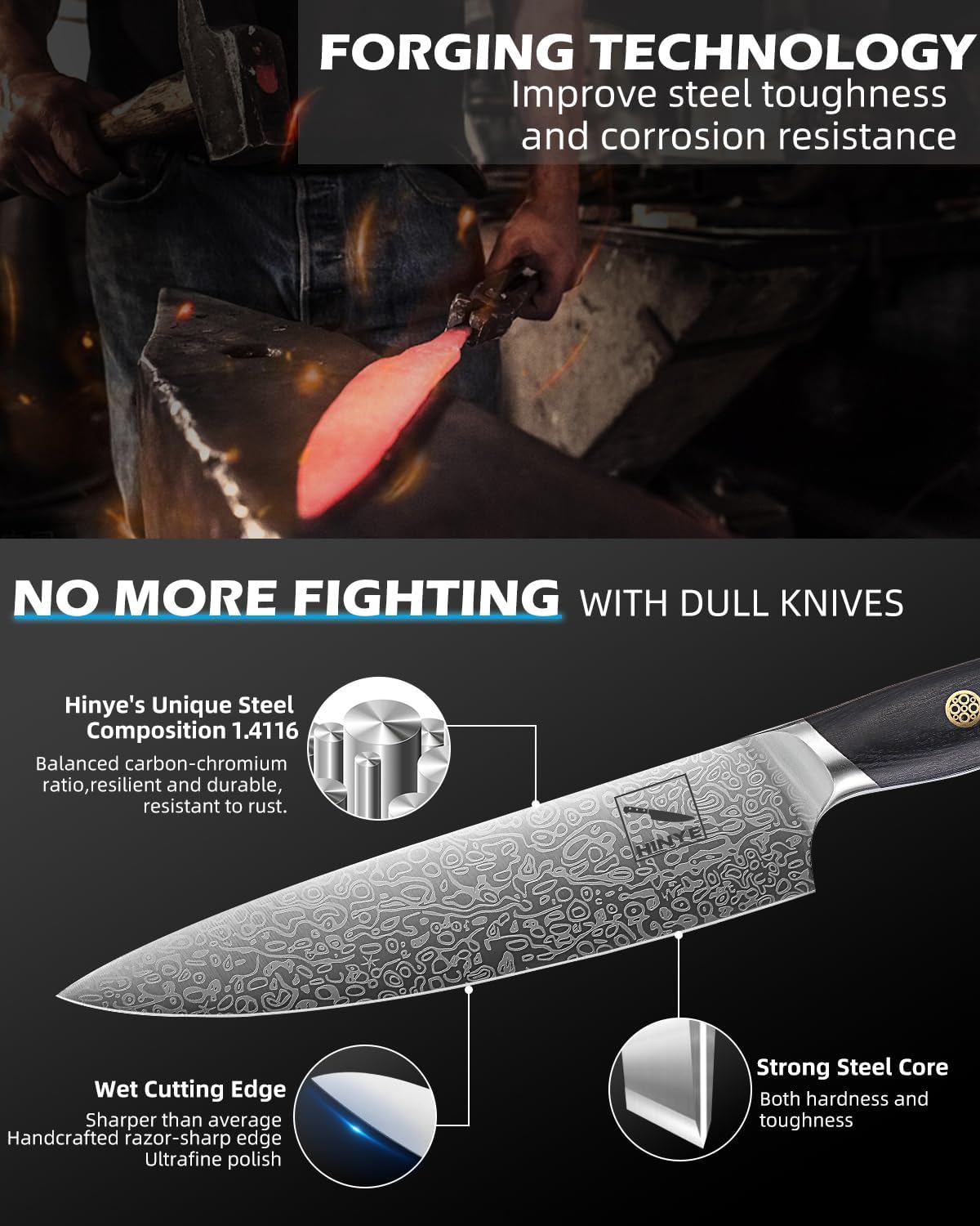 Professional 8" Kitchen Knife, Flex Core German Steel, Non Slip Blackwood Handle. Anti-Stick Blade, Dishwasher Safe, Heavy-Duty for Meat & Veggies