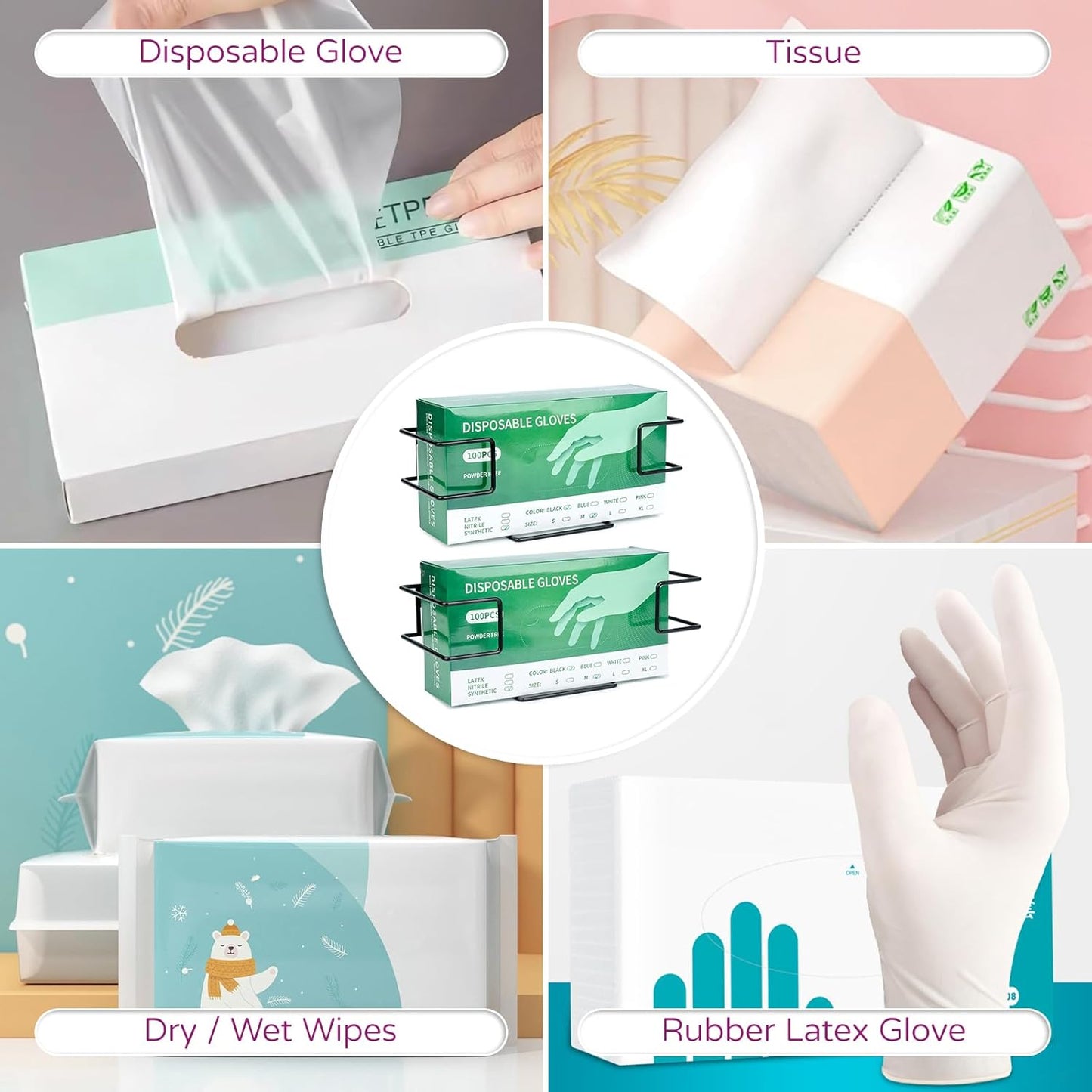 Glove Box Holder and Dispenser - Metal Rack for Rubber Latex Gloves Face Tissue, Black (4 Pack)