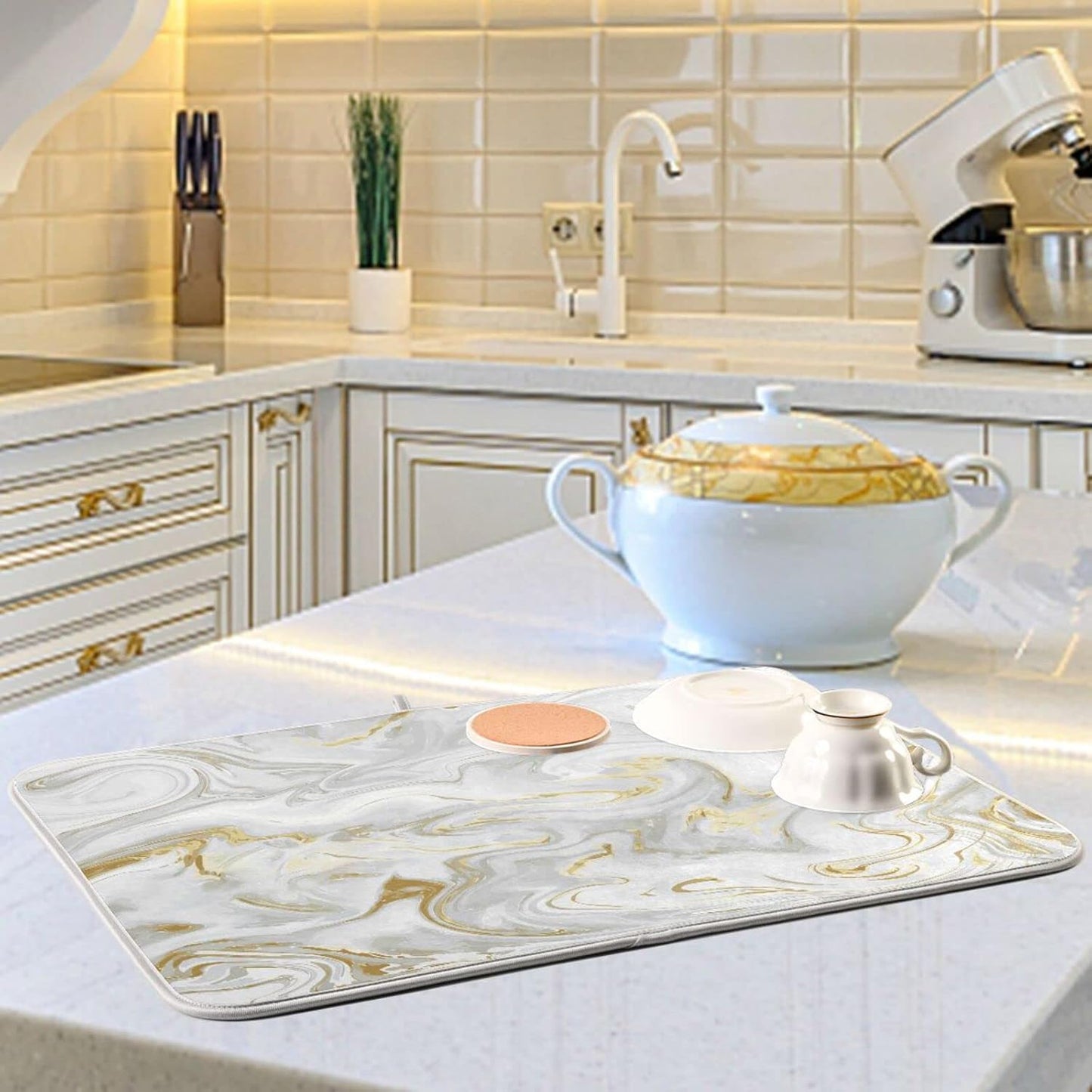 White Grey Gold Marble Fluid Dish Drying Mat for Kitchen Counter Absorbent Microfiber Drying Pad, Medium 16x18 in, Reversible Drainer Mats