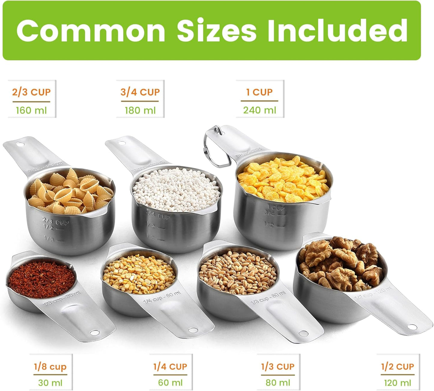 Spring Chef Stainless Steel Measuring Cups Set of 7 with Pour Spout - Nesting Kitchen Tools with Easy Read Markings to Measure Dry or Liquid Ingredients - Metal Measuring Cups for Baking & Cooking