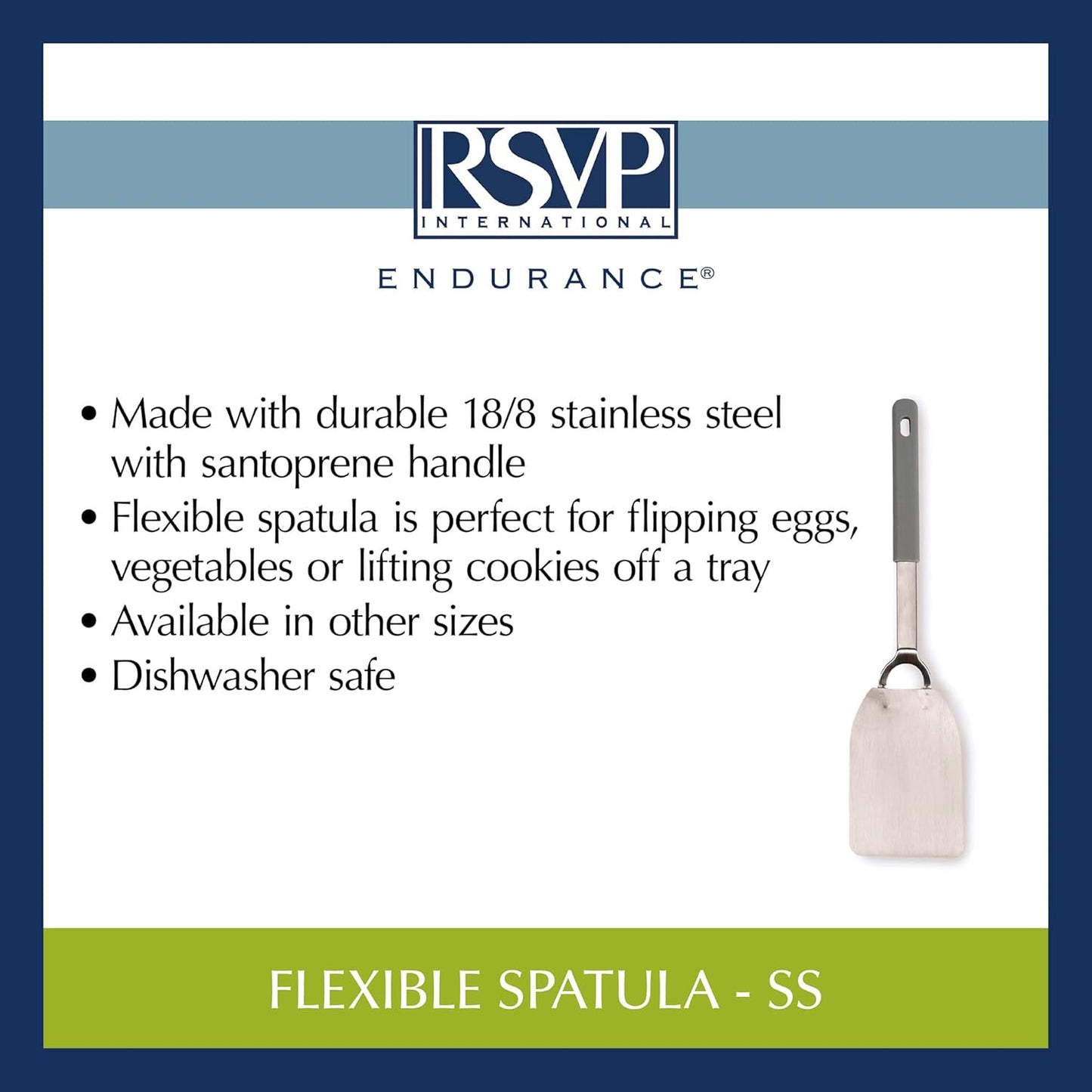 RSVP International Endurance Kitchen Tool Collection Flexible Stainless Steel, Dishwasher Safe, Spatula