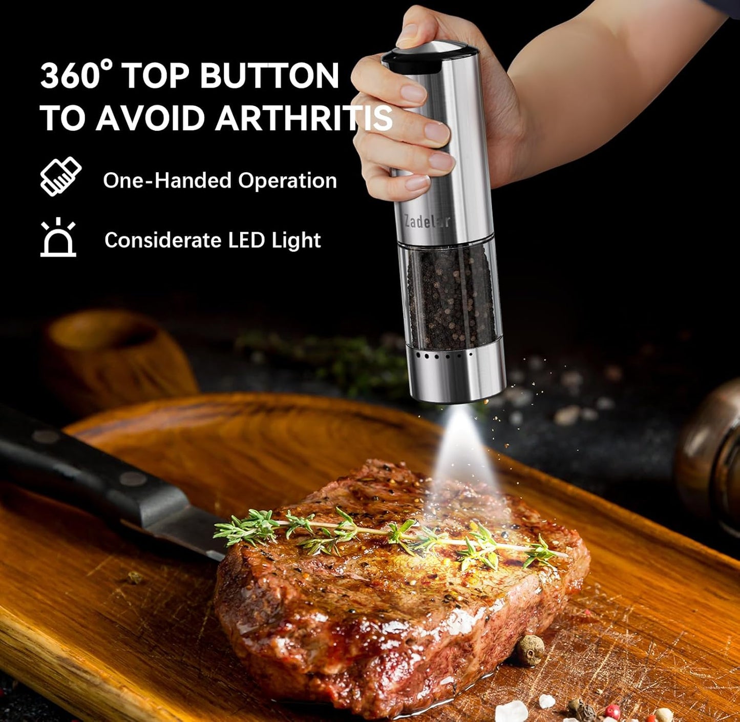 Electric Rechargeable Salt and Pepper Grinder Set,Automatic Pepper Mill Grinder with USB C Charging Dock,Upgraded 95ml Large Capacity,Adjustable Coarseness,LED Light,Stainless Steel