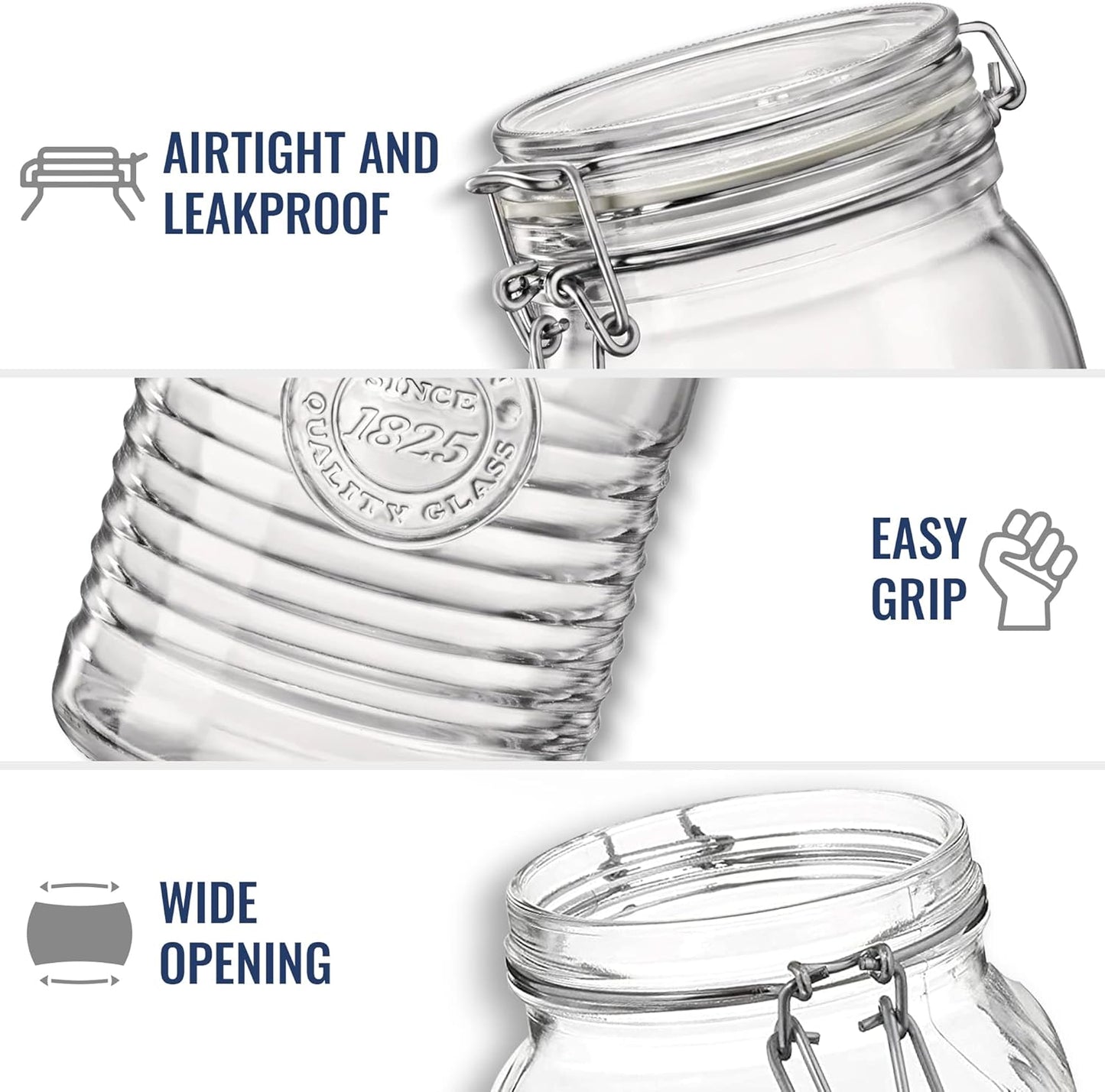 Bormioli Rocco Officina 1825, Set of 3 - Clear Glass Jars with Swing Top - Vintage Industrial Style Airtight Containers for Dry Food Storage, 33.75 Oz, 25.25 Oz, 17 Oz - Dishwasher Safe, Made in Italy