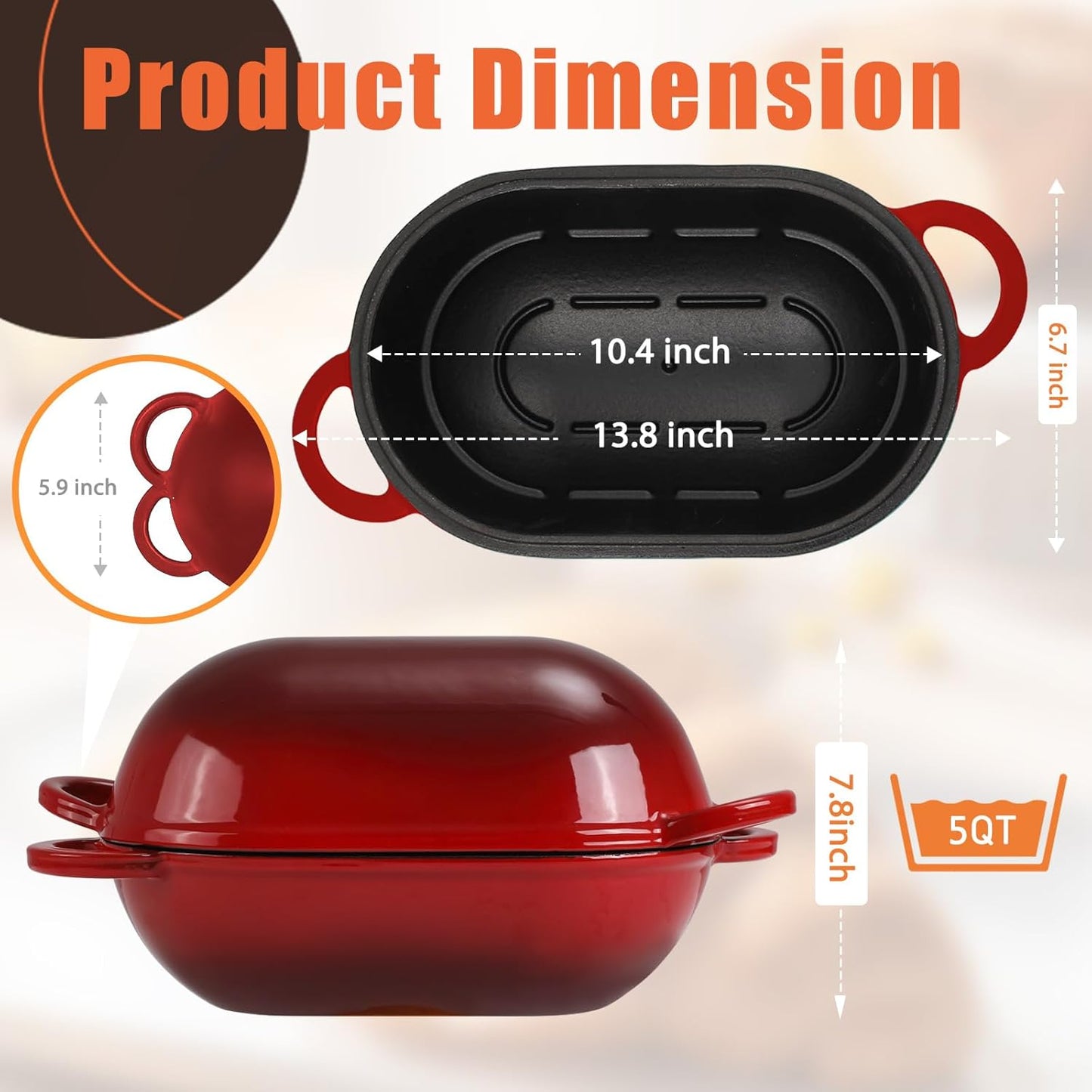 Enameled Cast Iron Bread Oven, 5QT Loaf Cast Iron Bread Pan with Lid, Oval Dutch Oven for Homemade Bread Baking (Gradient Red)