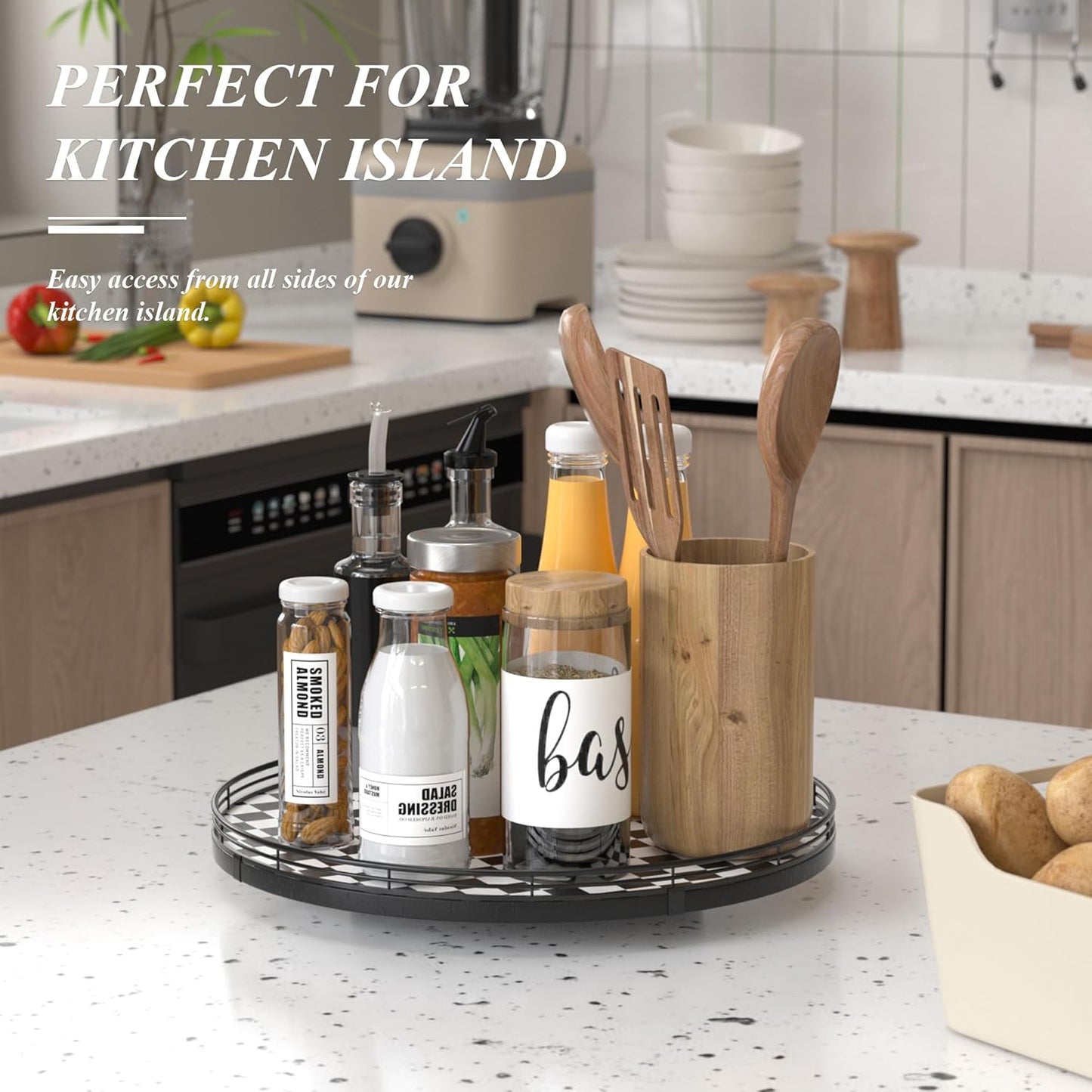 16" Black and White Kitchen Lazy Susan Turntable, Round Checkered Decorative Tray, Large Lazy Susan for Dining Table Centerpiece, Pantry, Kitchen, Bathroom, Countertop, Cupboard, Home Decor