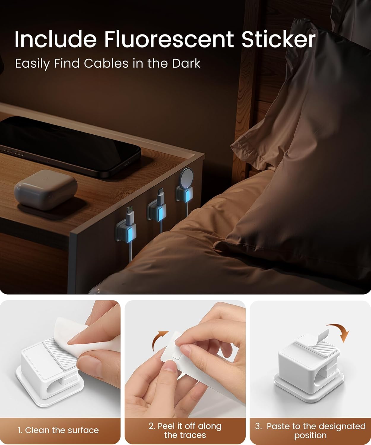 6 Pack Magnetic Cable Clips, Glow in The Dark Cable Holders, GolbinBox Cord Organizer with Shockproof Silicone, Fits up to 8mm Adhesive Cord Clips for Desk, Wall, Nightstand, Car, Home, Office, White