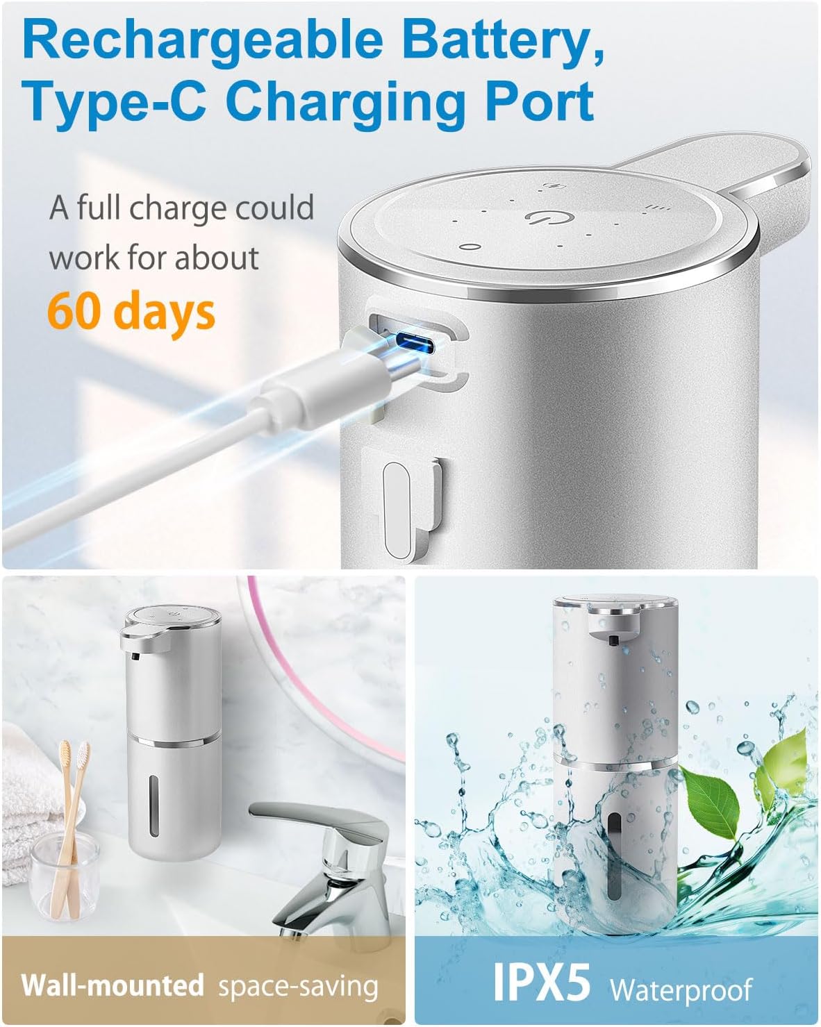 Automatic Liquid Soap Dispenser,4-Level Adjustable, Wall Mount,USB Rechargeable,12.8oz/ 380ml,Touchless Hand & Dish Soap Dispenser for Bathroom, Kitchen,Hotel, Restaurant