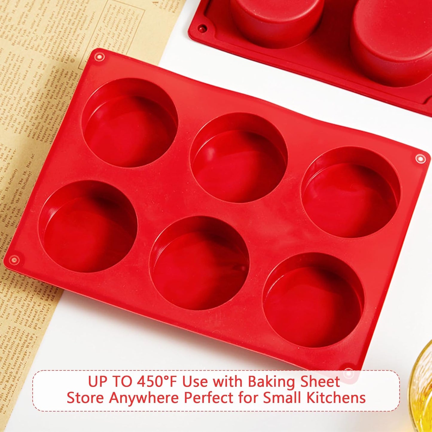 3-Pack Jumbo 6-Cup Silicone Muffin Pan Silicone Muffin Pan - Non-Stick Baking Mold for Cupcakes, Cornbread, Eggs - Red