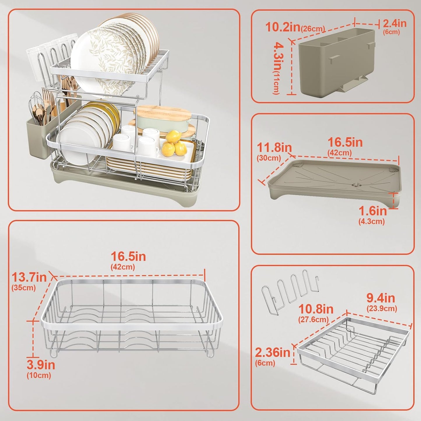2-Tier Dish Drying Rack for Kitchen Counter, 304 Stainless Steel Dish Rack with Adjustable Drainboard, Removable Utensil Holder & Water Tray, Grey