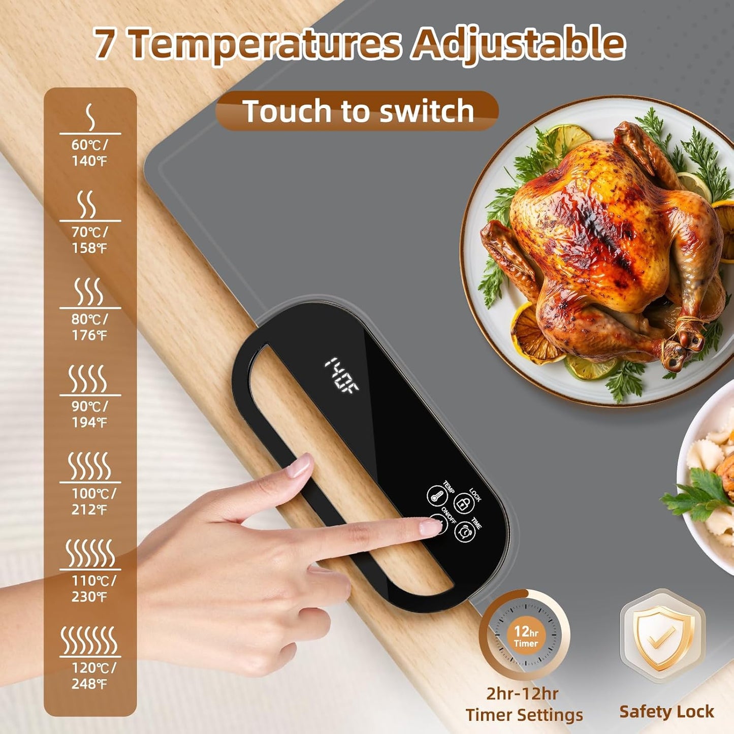 Electric Warming Tray with 7 Adjustable Temperatures, Hanging & Foldable Food Warmer Mat with Child Lock, 11 Timer Settings, Fast Heating Plate for Buffet, Paties, Family Gatherings, Holidays, Gray