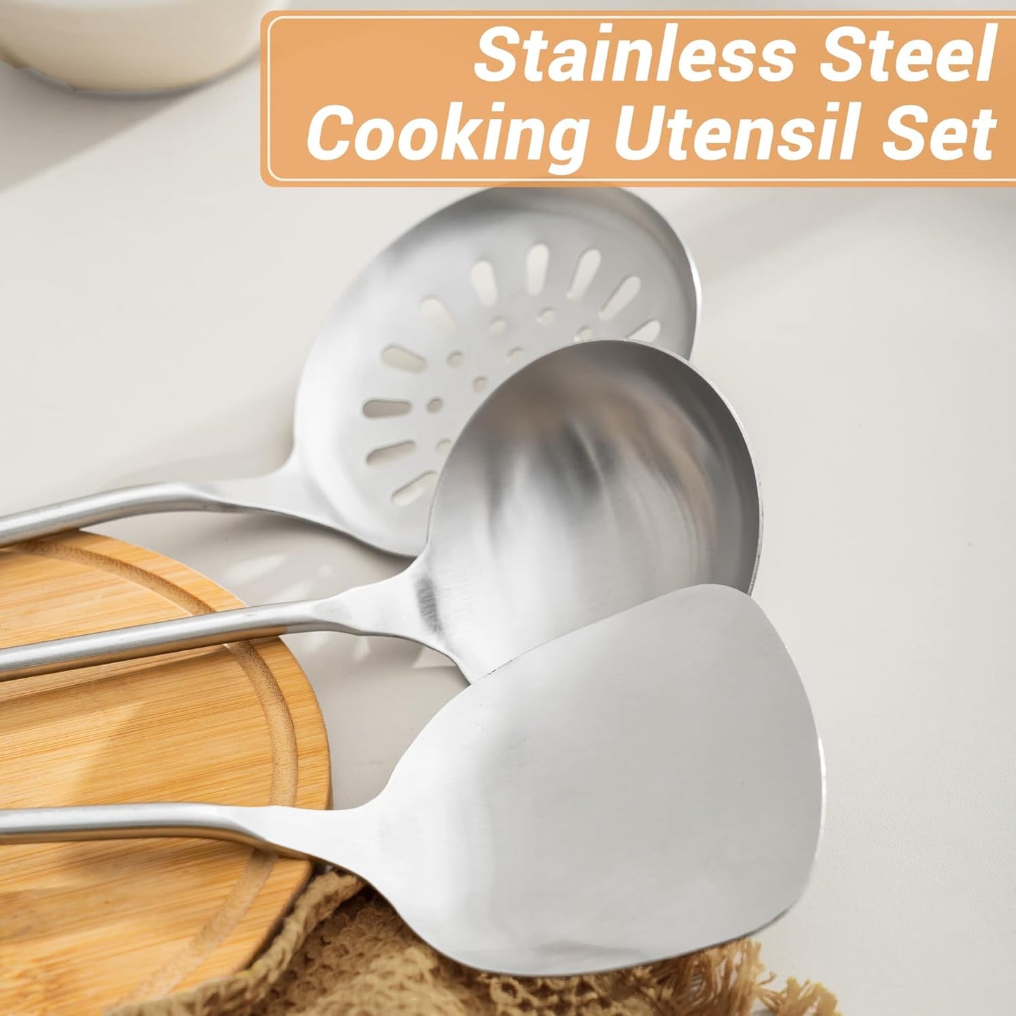 FJNATINH Cooking Utensils - Spatula, Ladle, Skimmer Spoon, Slotted Spatula - 4 Pieces Stainless Steel Wok Utensils Set for Carbon Steel