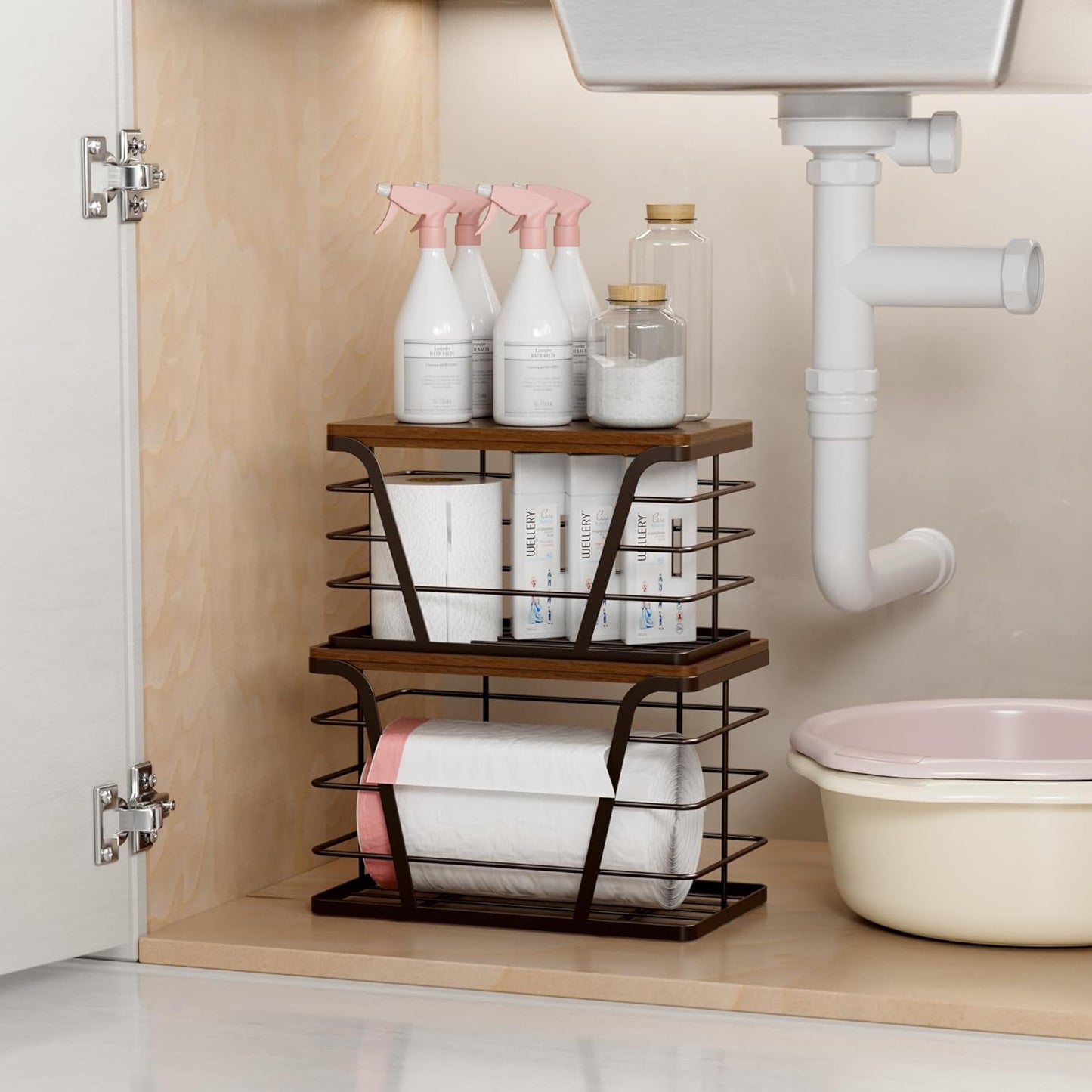 2 Pack Stackable Kitchen Organization,Counter Organizers and Pantry Organization for Home and Kitchen,Trash Bag Organizer Under Sink,Brown