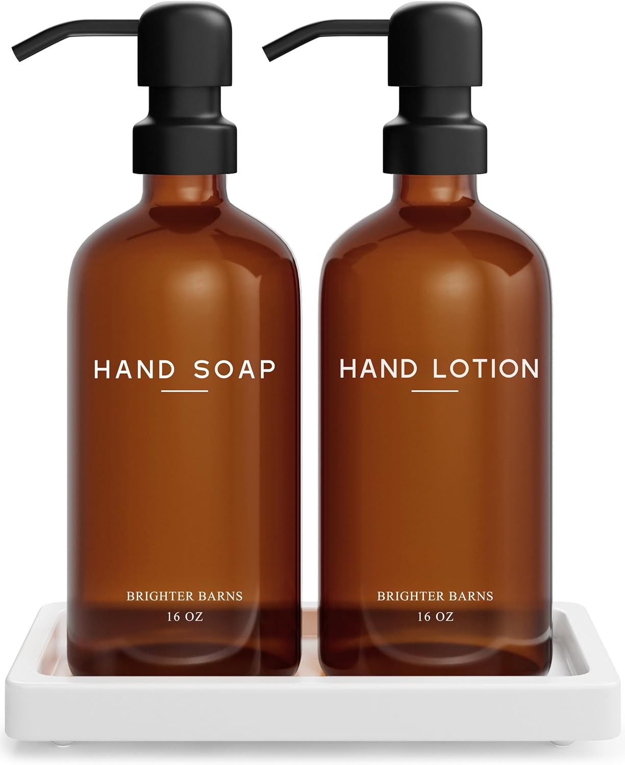 Amber Glass Soap and Lotion Dispenser Set with Tray by Brighter Barns - Hand Soap Dispenser Bathroom Set & Stainless Steel Pump for Home, Restaurant, Spa - Neutral Bathroom Decor & Accessories (Amber)