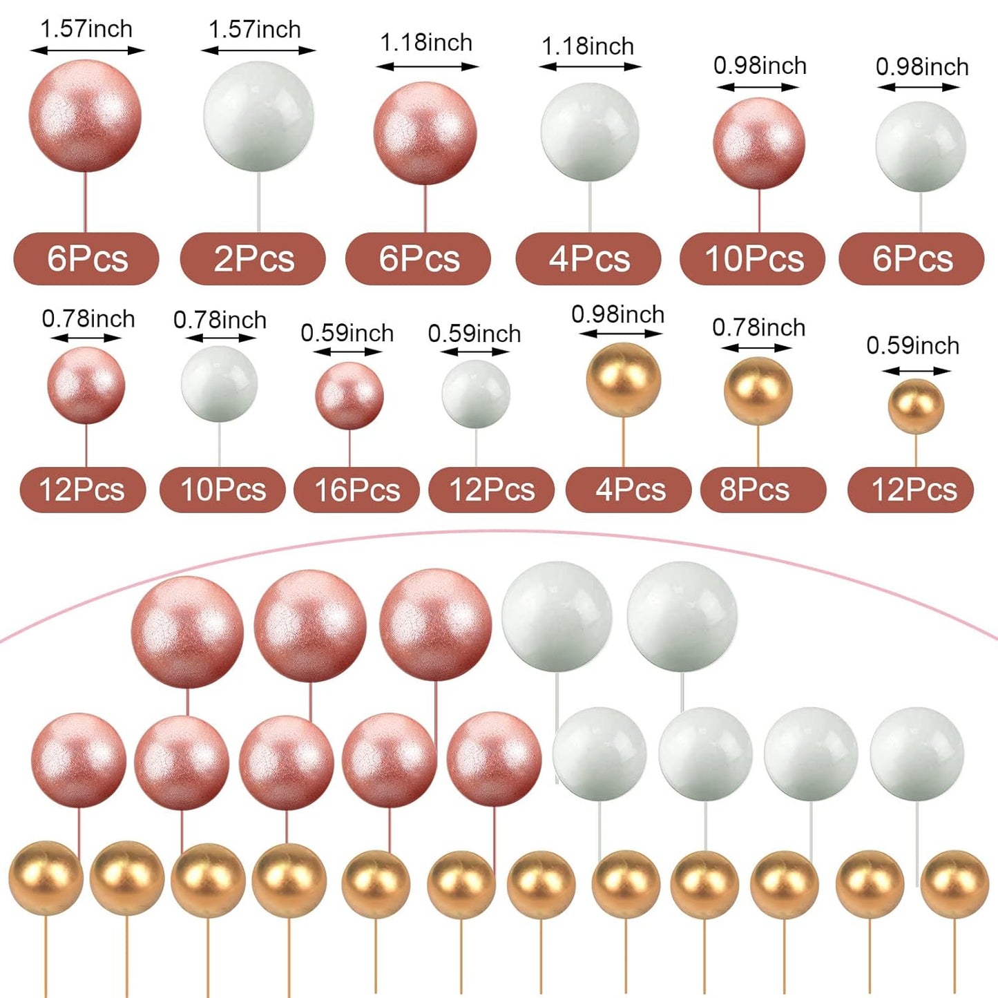 108 Pcs Balls Cake Topper DIY Cupcake Insert Foam Balloons for Cake Baking Wedding Anniversary Birthday Decoration(Rose Gold, White, Gold,Multi Sizes)