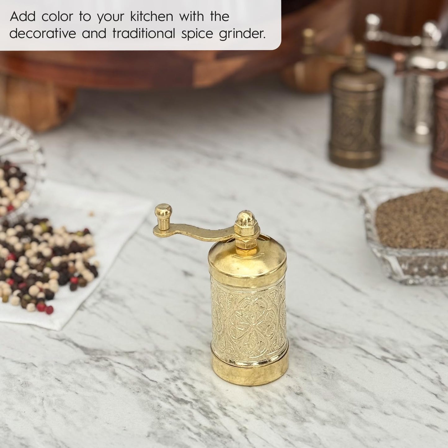 Decorative Handmade Black Pepper Grinder, Refillable Turkish Spice Mill with Adjustable Coarseness, Manual Pepper Mill with Handle, Spice Grinder with Hand Crank 8 cm-3.1 inch