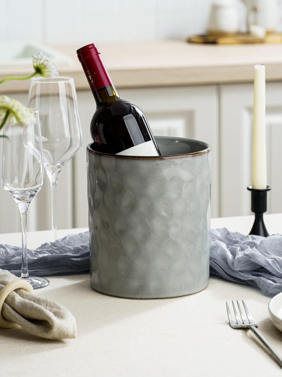 famiware Ocean Utensil Holder, 7.2"+5.8" Ceramic Kitchen Utensil Holder for Countertop, 2 Pieces Cooking Utensil Crocks, Utensil Organizer for Spatula & Spoon, Kitchen Decor, Set of 2, Gray