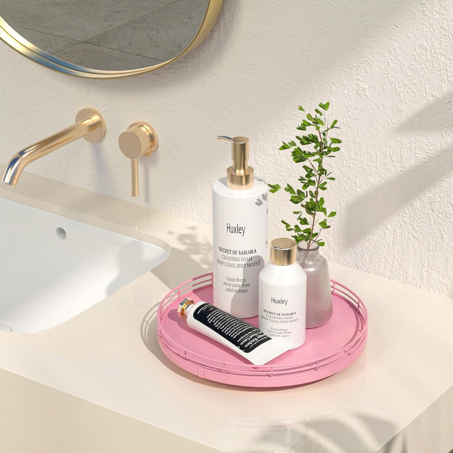 10" Oak Wood Bathroom Tray for Counter, Vanity Tray for Perfume Lotion Candle Makeup Jewelry Sink Soap Holder Turntable Dresser Organizer Countertop Coffee Table Decor Organization and Storage Pink