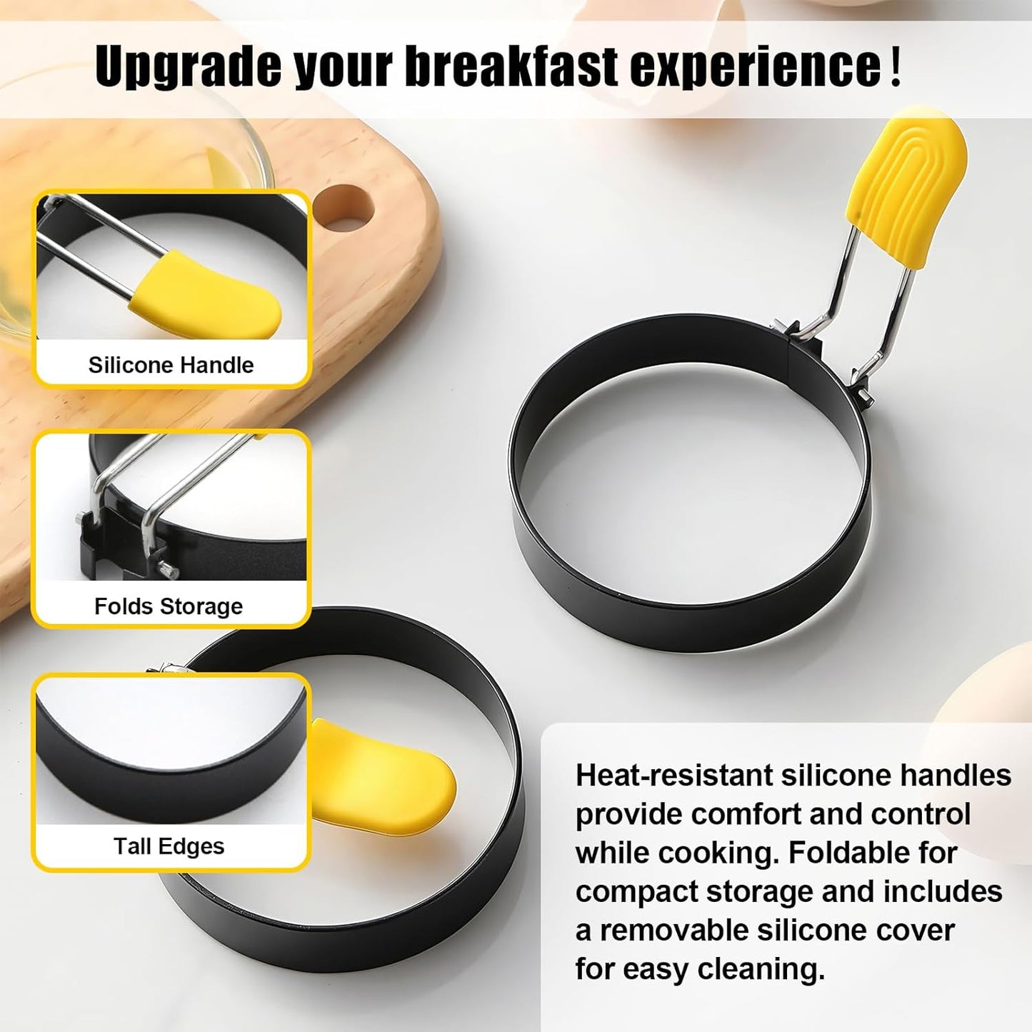4 Pack Fried Egg Molds Round Stainless Steel Fried Egg Ring with Silicone Handle Perfect for Making Breakfast Sandwiches, Burgers, Pancakes Suitable for Home or Breakfast Carts (3 inch & 4 inch）