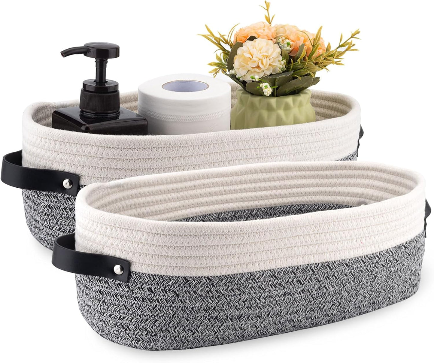 2 Pack Small Cotton Rope Woven Basket Toilet Paper Baskets for Organizing Decorative Basket for Boho Decor Small Storage Basket 13"x5.9"x4" Variegated Gray&White