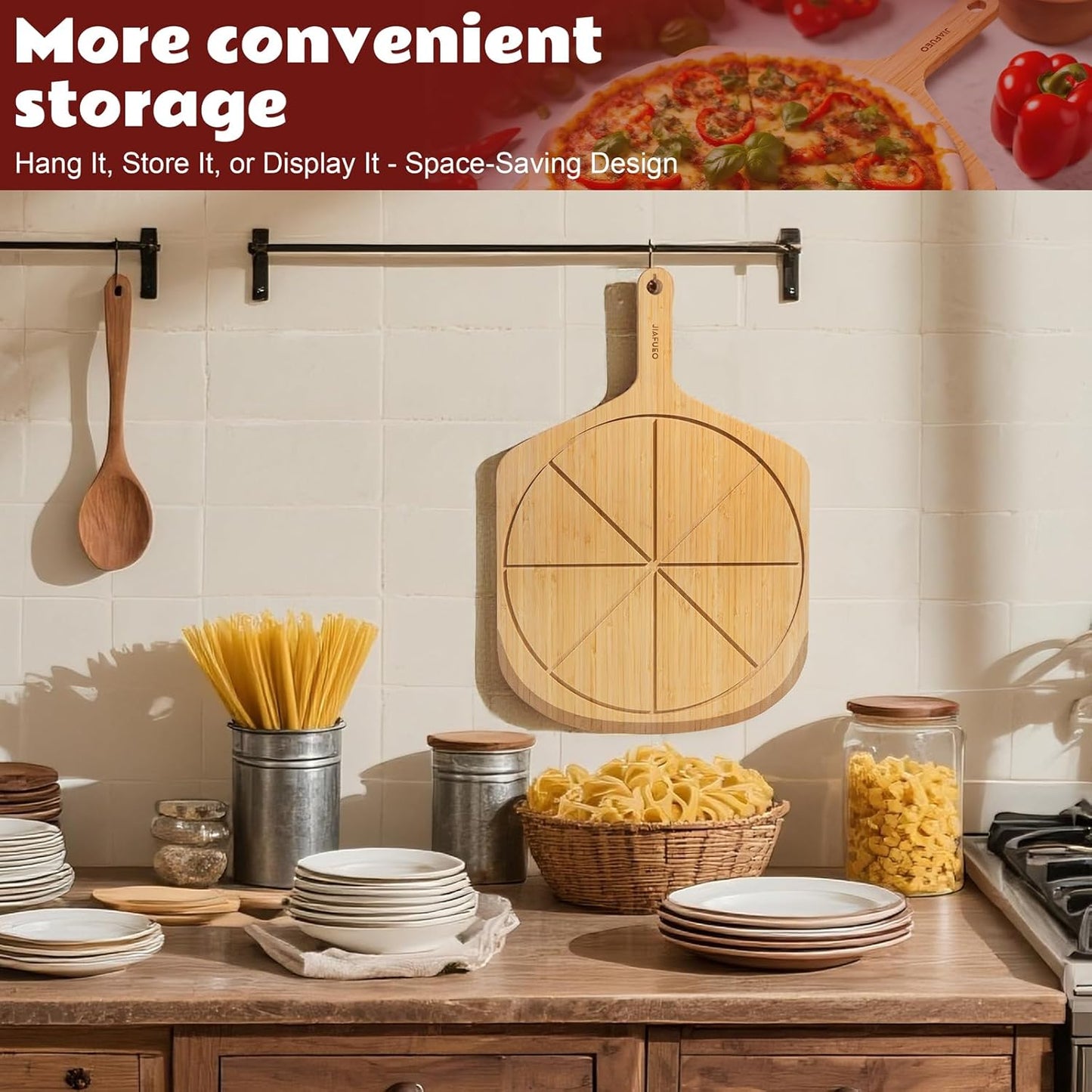 Wooden Pizza Peel 16 Inch, Large Bamboo Pizza Paddle Spatula - Serving Board, Wood Pizza Cutting Boards with 8 Slice Grooves and Handle for Kitchen Oven Pastry Pizzas