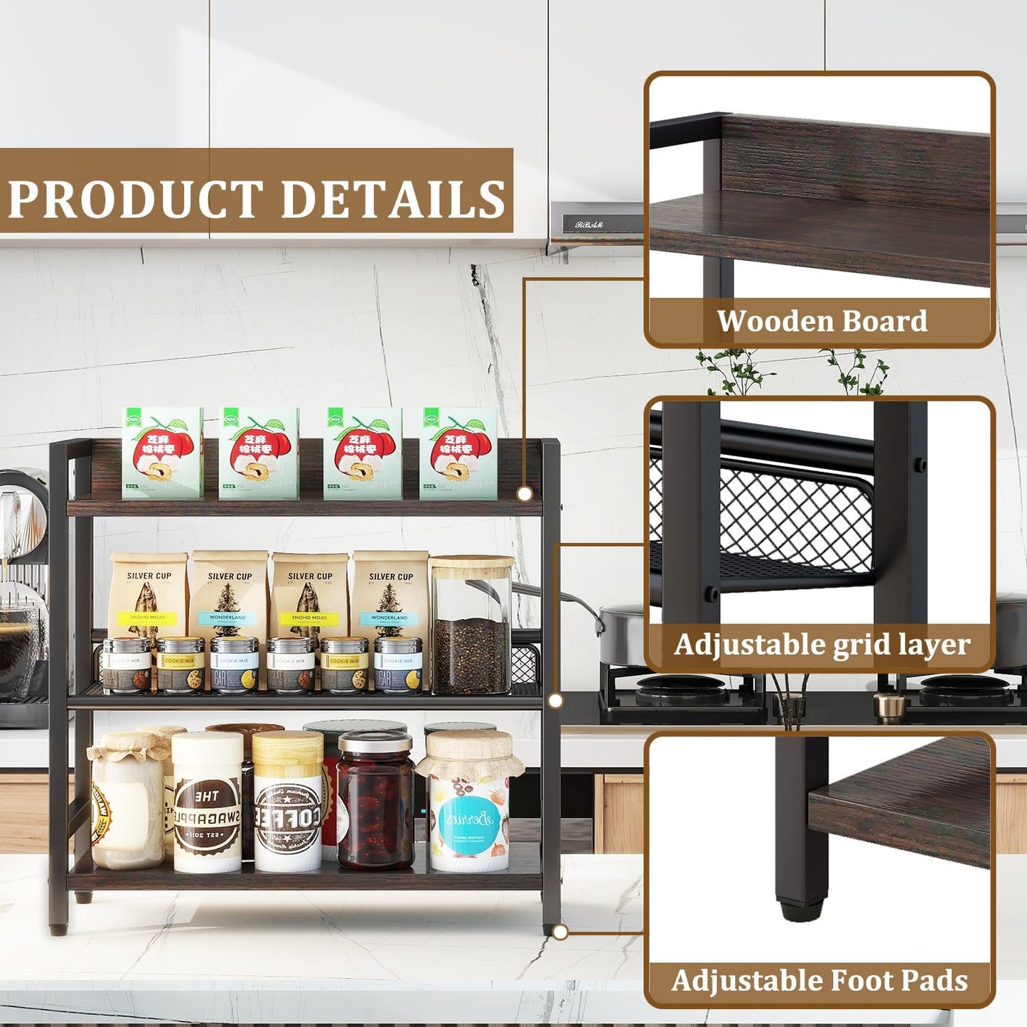 IBUYKE 3-Tier Spice Rack Industrial Counter Shelf Desktop Storage Organizer Standing Seasoning Rack for Countertop Kitchen Office Living Room Desktop Dark Grey UTLJ021G