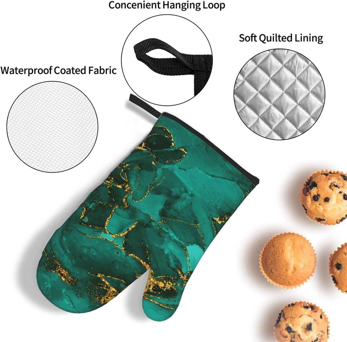Turquoise Marble Oven Mitts and Pot Holders Sets of 3 Emerald Dark Green Hot Pads Heat Resistant Non Slip Washable for Cooking Grilling Baking BBQ Kitchen Decor
