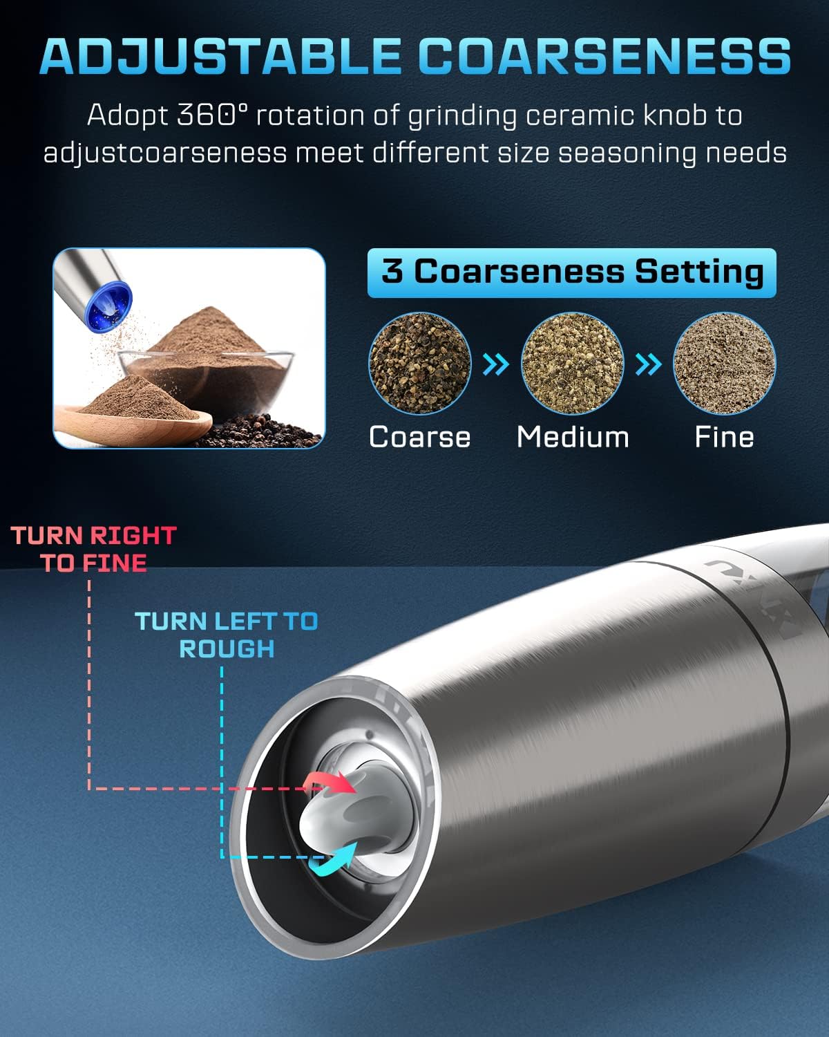 Gravity Electric Salt and Pepper Grinder Set, Automatic Mill Grinder,Battery-Operated with Adjustable Coarseness, Premium Stainless Steel with LED Light, One Hand Operated