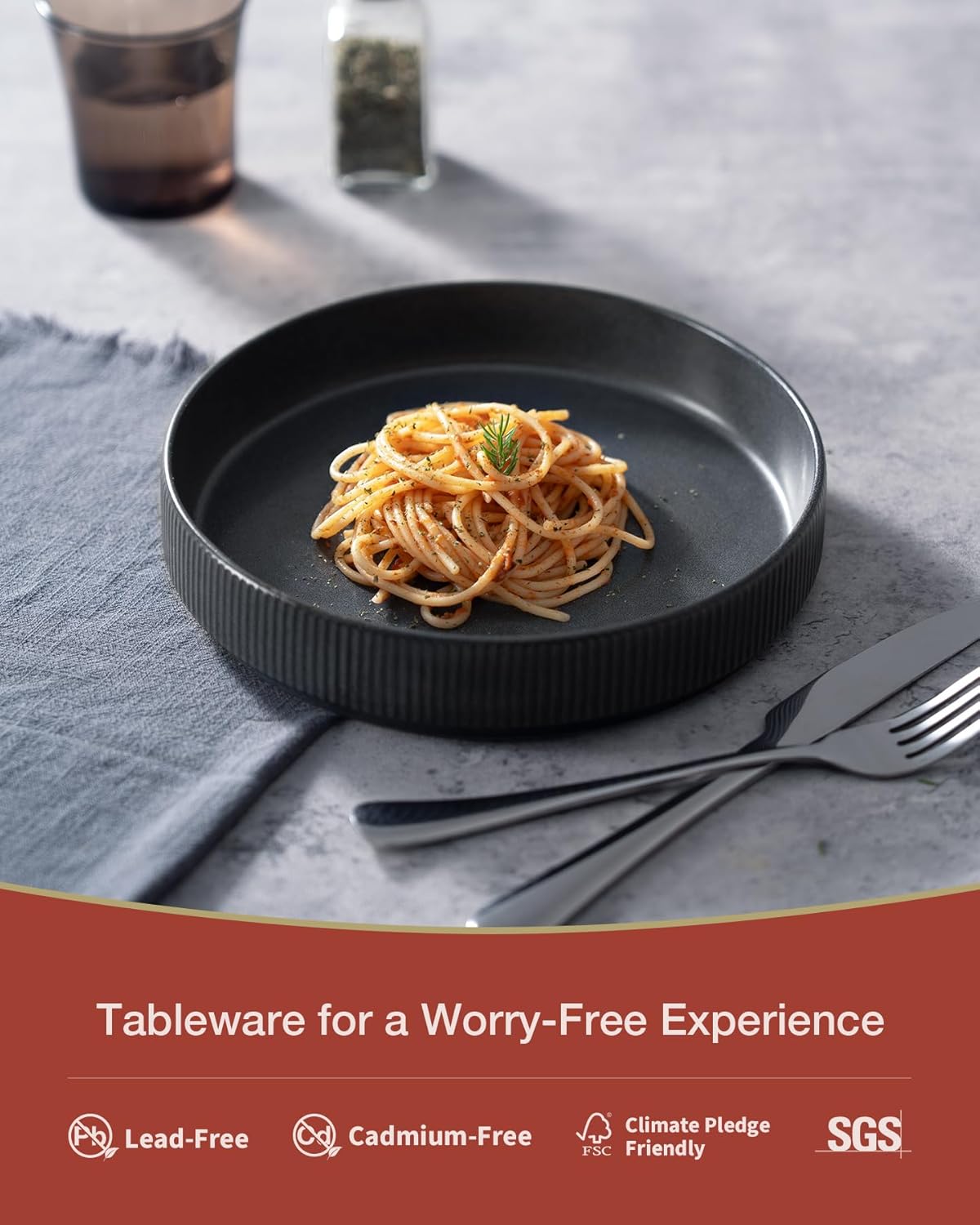 famiware Star 8.25" Pasta Bowls, Large Dinner Bowls Set of 6, Salad Bowl Plates, Shallow Bowls for Eating, Matte Dark Charcoal (Full Glaze)