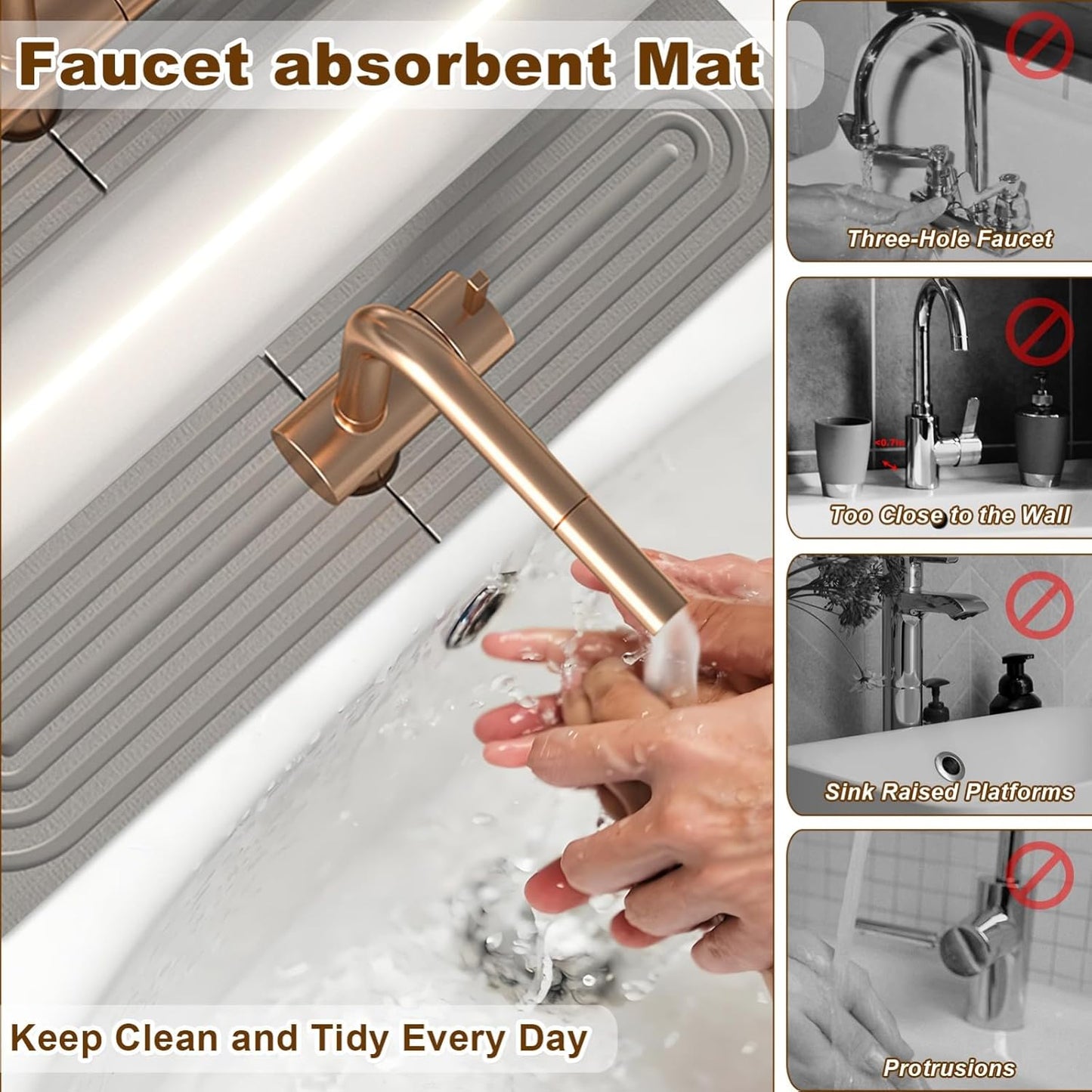 Faucet Mat for Kitchen Sink, Diatomite Super Absorbent Fast Drying Stone Sink Tray for Bathroom Kitchen Sink Splash Guard(Square Grey,15.7x3.9in)