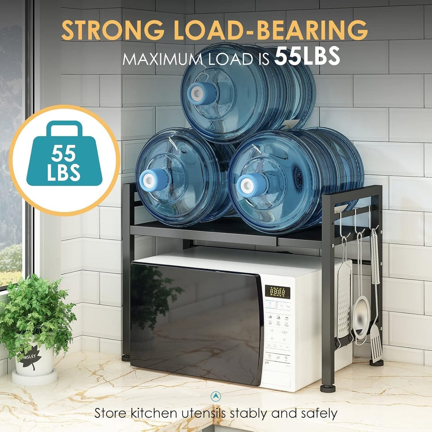 DOLALIKE Microwave Oven Rack, Expandable Microwave Stand Countertop Kitchen Utensils Tableware Storage, Carbon Steel Over Microwave Shelf Countertop with 3 Hooks