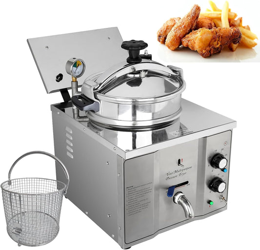 INTSUPERMAI 16L Commercial Countertop Pressure Fryer, Stainless Steel High Pressure Fried Chicken Machine, Electric Multi-function Deep Fryer Cooking Machine, 110V, 2400W, 8PSI