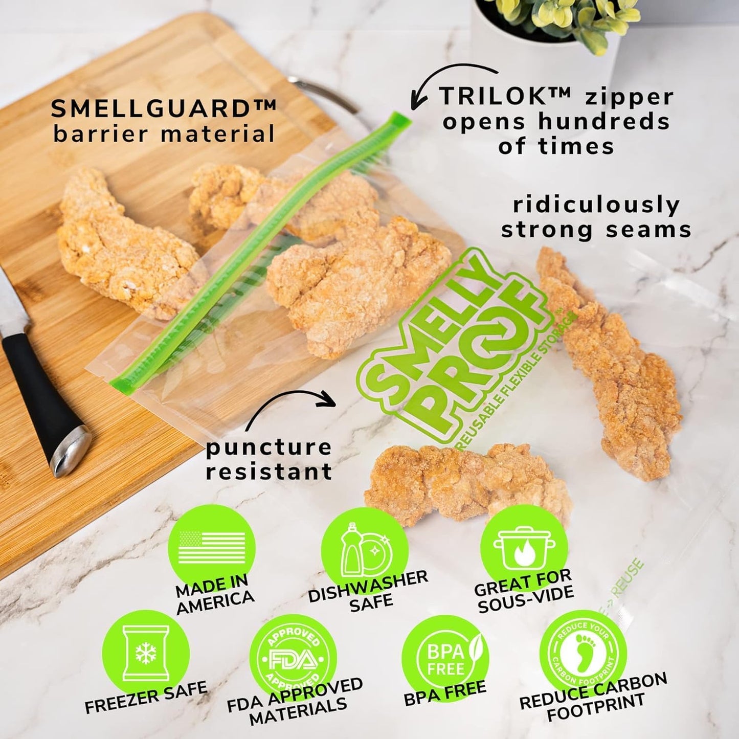 50pk Smelly Proof Reusable Food Storage Bags - Made in USA, Dishwasher-Safe, BPA FREE, NO PEVA, XL Clear FLAT 10.5" x 12"