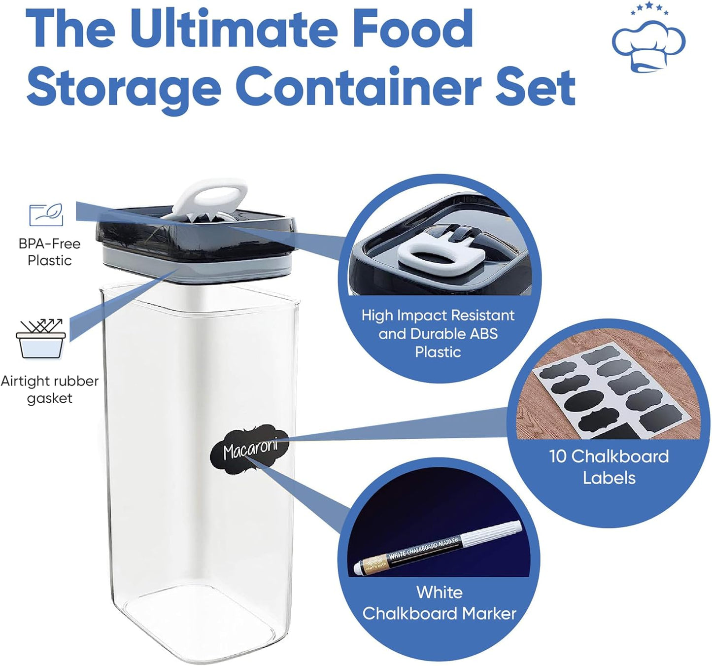 Chef's Path Airtight Food Storage Boxes with Labels - Kitchen Storage - Flour, Cereal, Pasta - Plastic Storage Boxes with Lids (4pcs-3.2L)