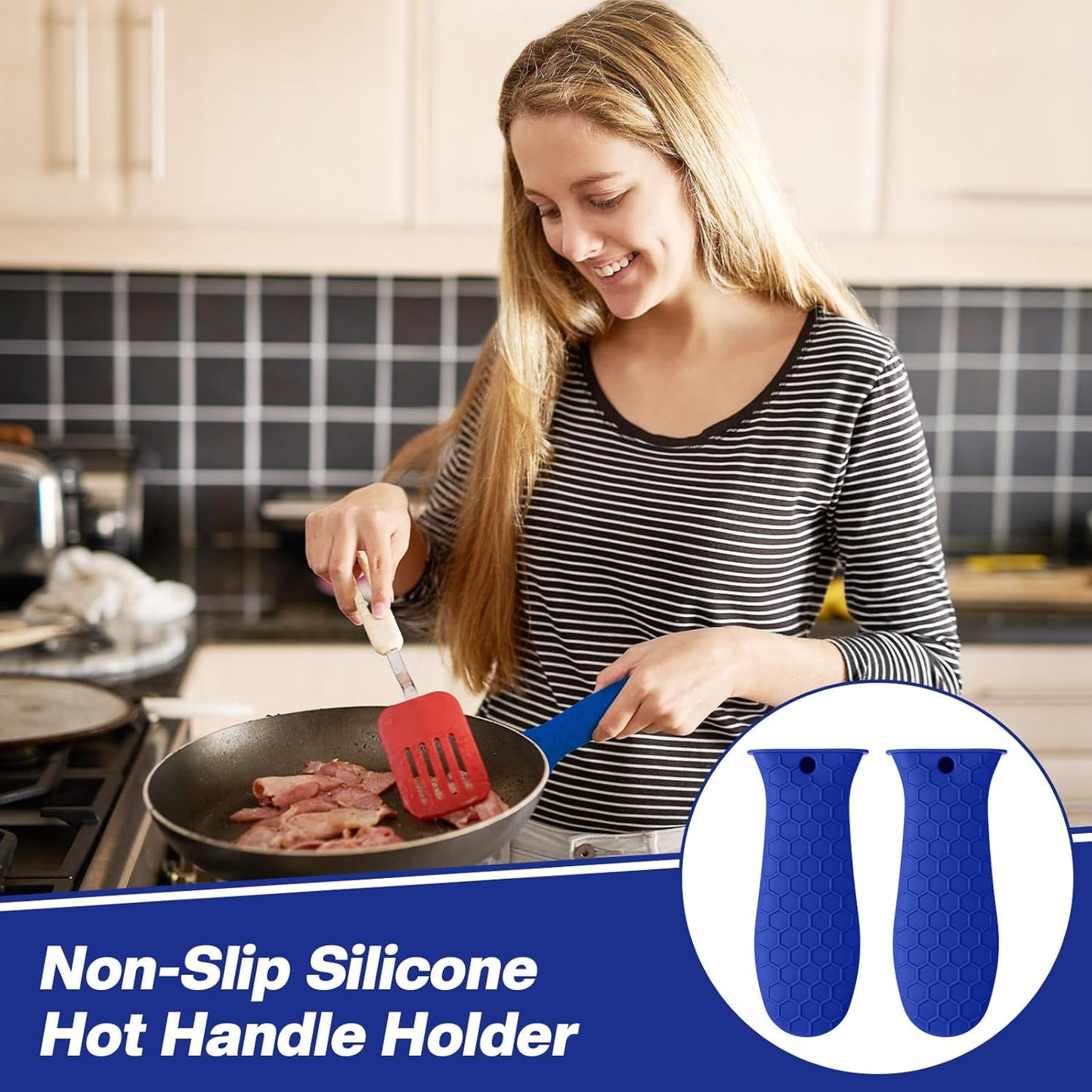 Patelai 2pcs Silicone Handle Cover for Cast Iron Skillet Kitchen Silicone Handles for Pots and Pans Non-Slip Pot Holder Sleeve for Fry Pan Griddles Metal Aluminum Cookware(Blue)