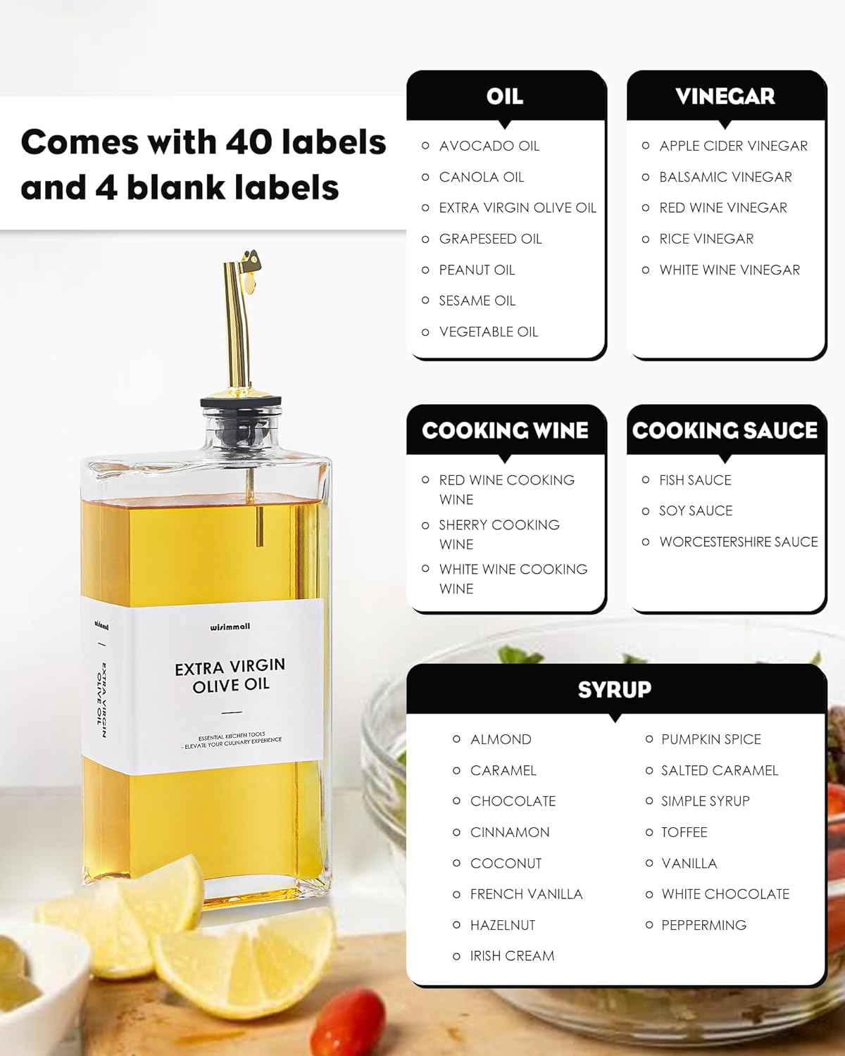 Olive Oil Dispenser For Kitchen, Glass Oil Bottle 350ML Oil And Vinegar Dispenser Set Of 4 with 4 Stainless Steel Pourers & 88 Labels, Soy Sauce Dispenser, Coffee Syrup Bottles