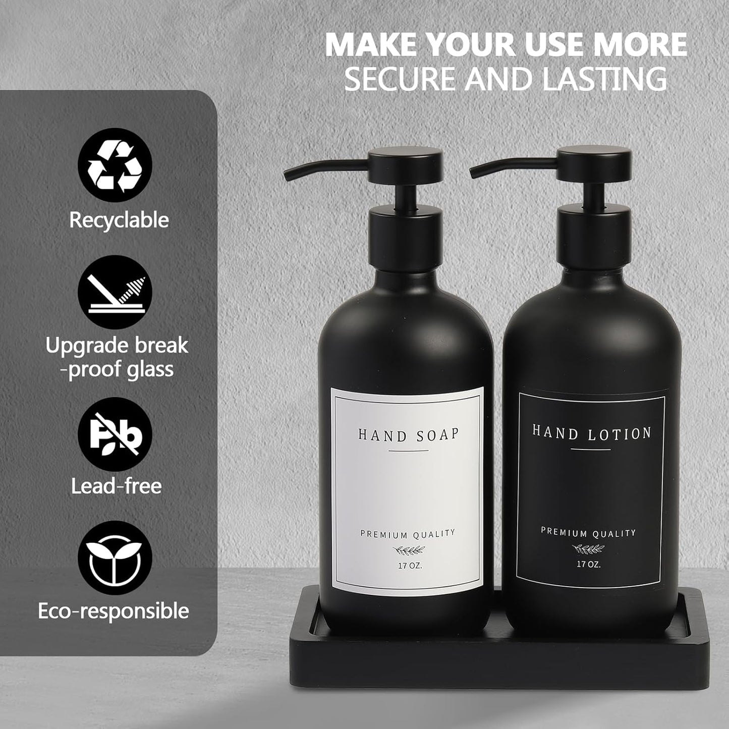 Black Soap Dispenser - Kitchen Hand Dish Soap Dispenser, Glass Bathroom Soap Lotion Dispenser with Tray, Dishwashing Liquid Dispenser, 14 Stickers, Black Bottle/Black Pump-pd