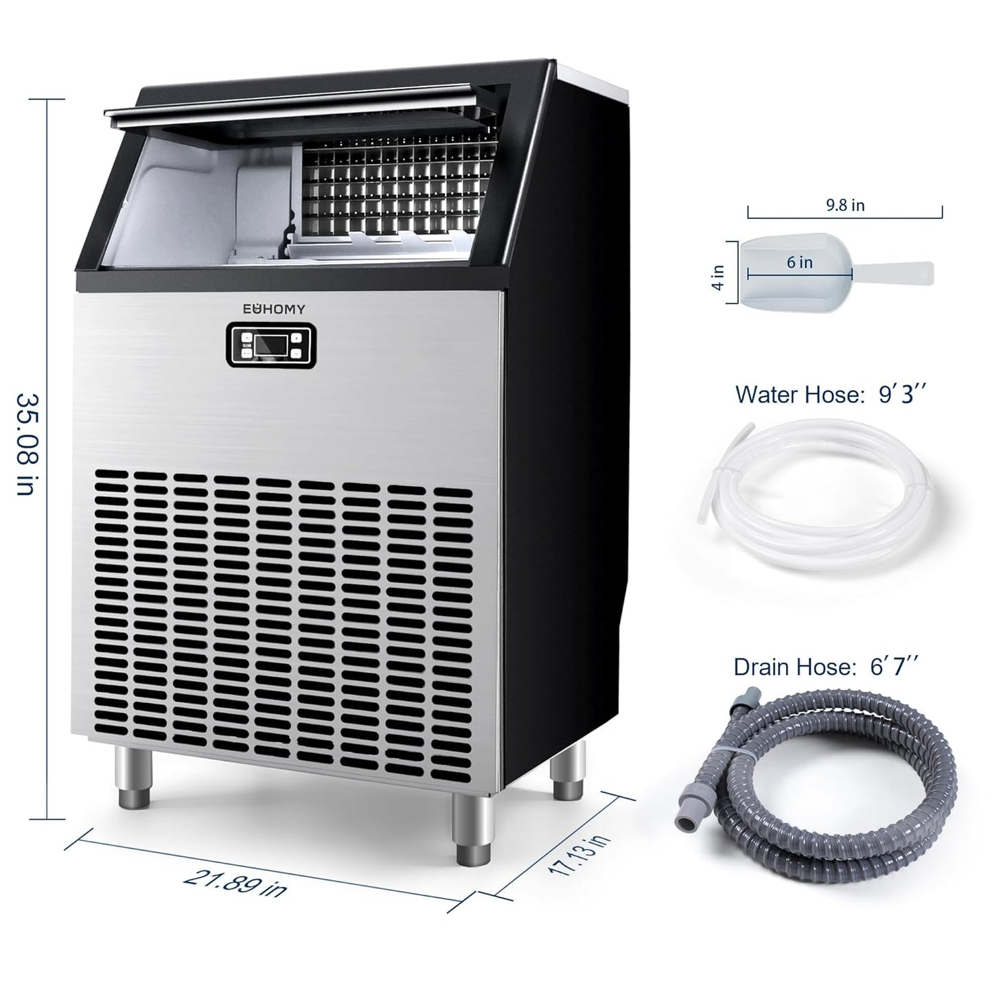 EUHOMY Commercial Ice Maker Machine, 200lbs Daily Output, Under Counter ice Machine with 65lbs Ice Storage Capacity, Perfect for Home/Bar/Restaurant/Outdoor Activities(Stainless Steel)