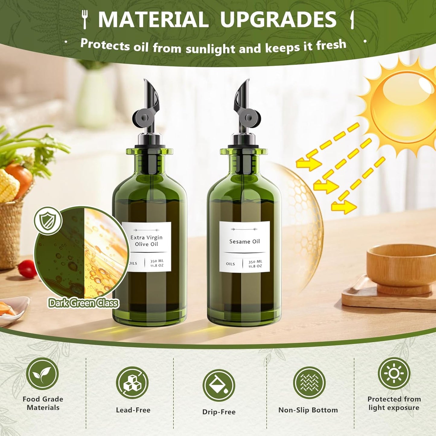COOLMI Oil Dispenser for Kitchen - 12oz/350ml, Set of 2 Extra Thick Food Grade Glass Olive Oil Dispenser Bottle with Cleaning Brush, Stickers and Funnel (Black)