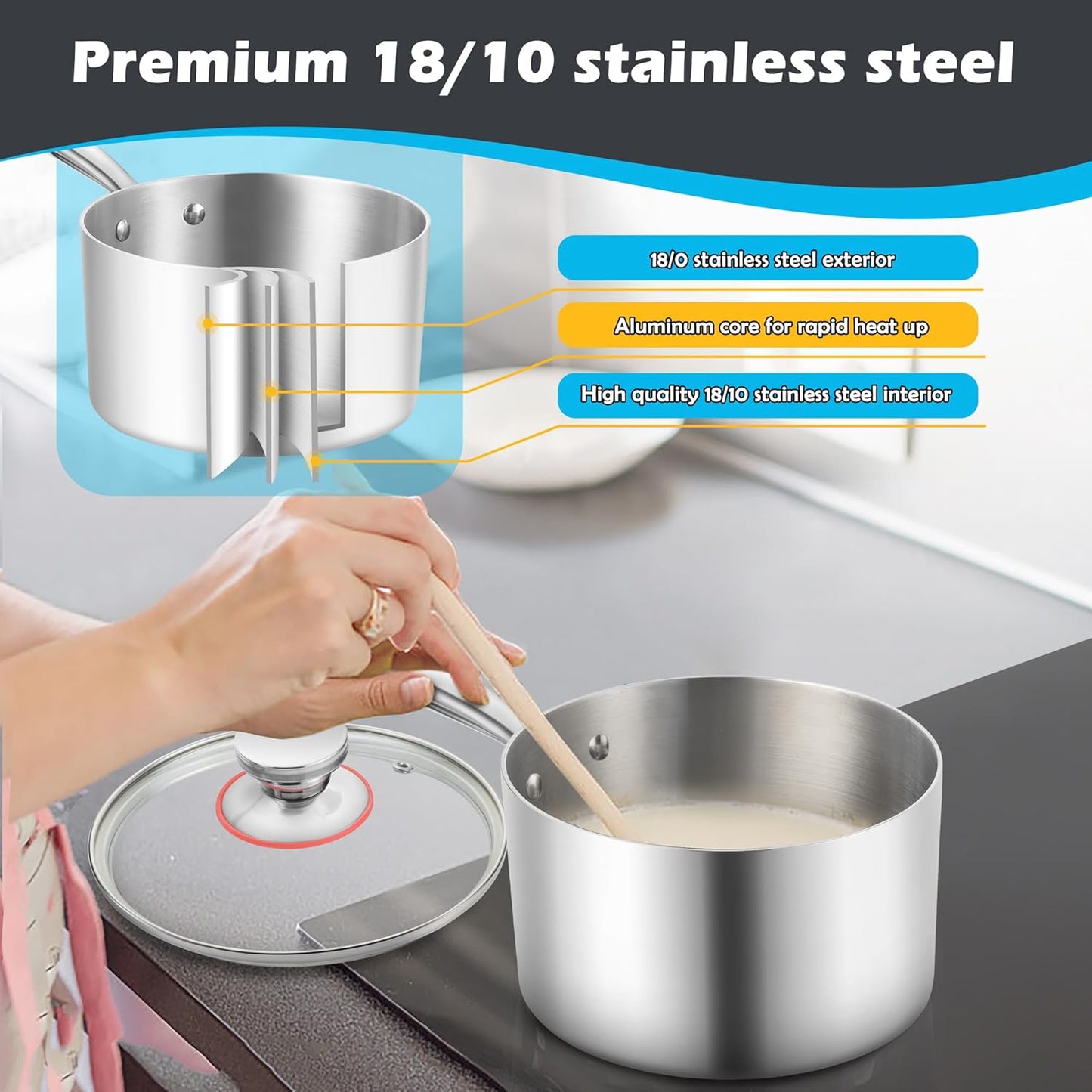 E-far 1-Quart Saucepan, Tri-Ply Stainless Steel Sauce Pan with Glass Lid, Small Cooking Induction Pot Compatible with All Cooktops, Non Toxic, Oven & Dishwasher Safe