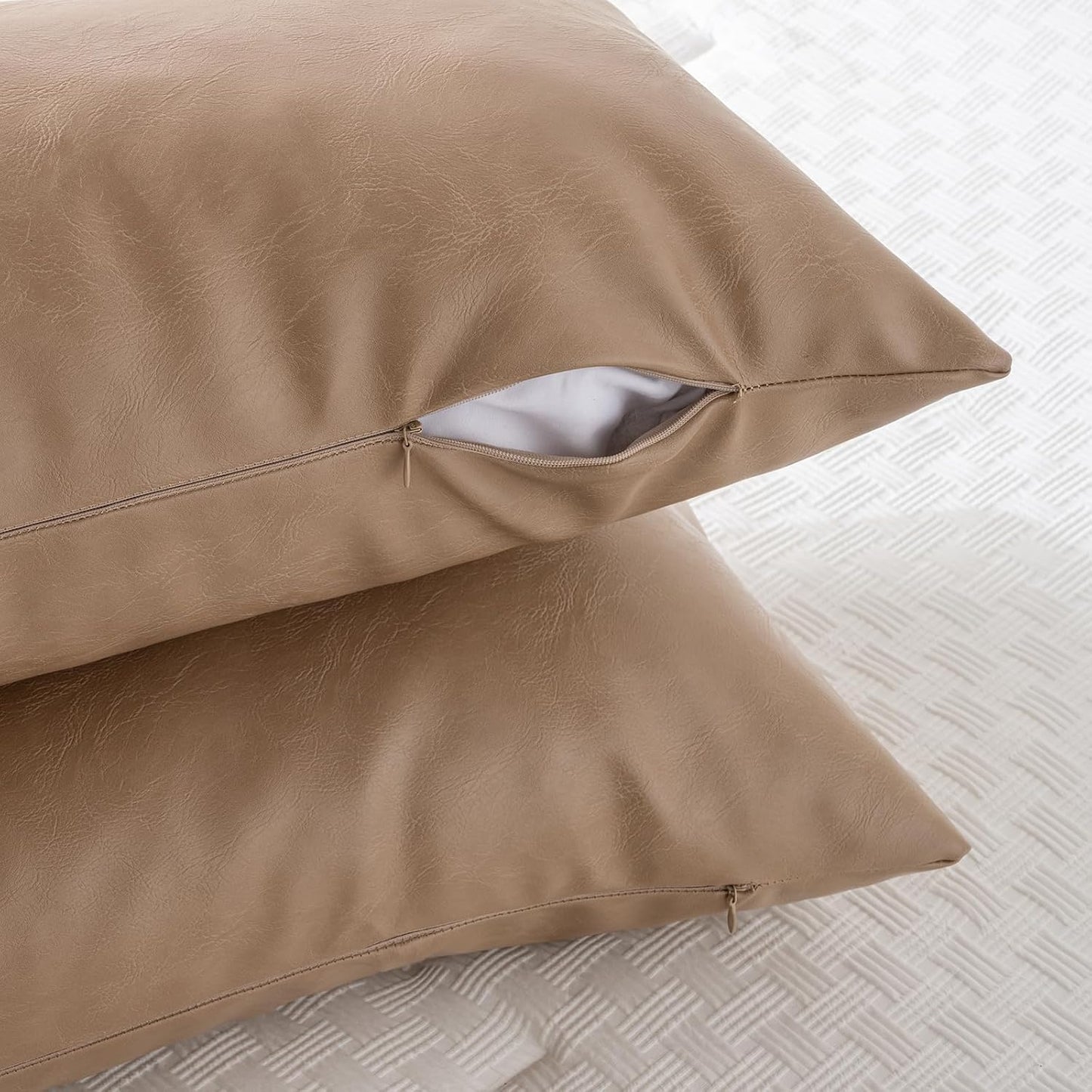 Fancy Homi Tan Long Lumbar Faux Leather Body Decorative Throw Pillow Cover 14x36 Inch for Bedroom Couch Bed Bench, Thick Beige Solid Rectangular Waterproof Cushion Case, Boho Farmhouse Room Decor