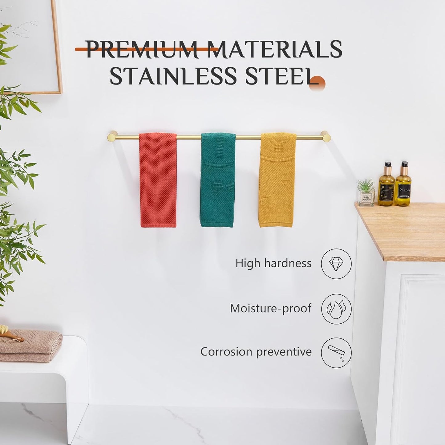 KOKOSIRI Towel Bar Brushed Gold 32-Inch Bath Towel Rack Holders Single Rail for Bathroom Wall Mounted Stainless Steel Bathroom Accessories, B4007BG-L32