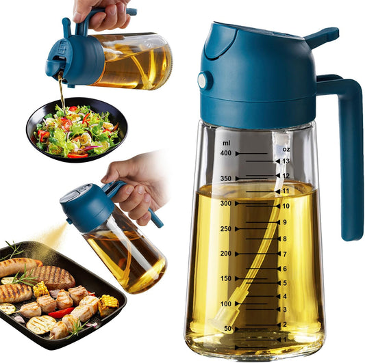 TrendPlain 16oz/470ml Glass Olive Oil Sprayer for Cooking - 2 in 1 Olive Oil Dispenser for Kitchen Gadgets, Air Fryer, Salad, and BBQ - Navy