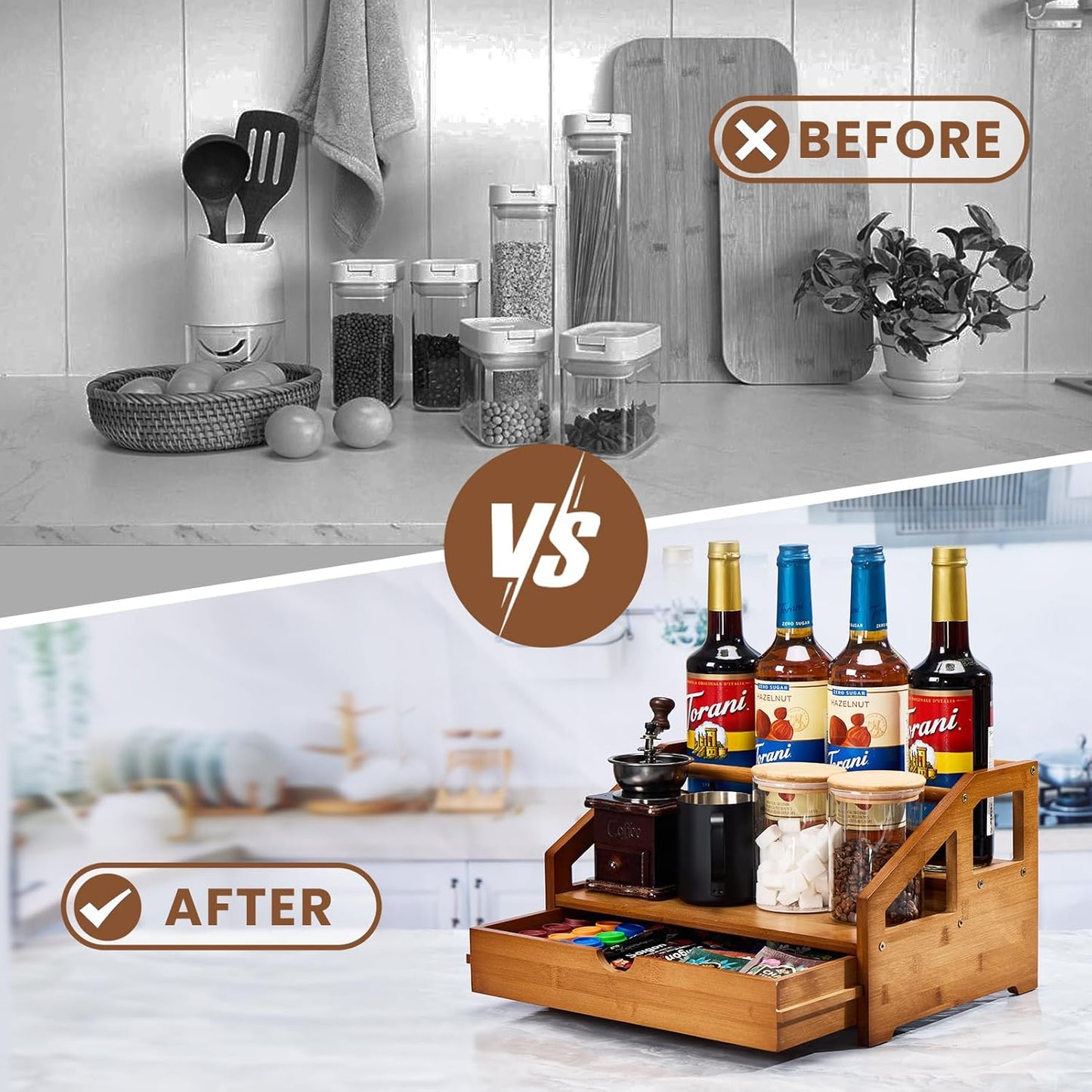 Bamboo Coffee Syrup Rack Organizer 3 Tier Coffee Syrup Rack with Cup Storage Box for Coffee Bar,Syrup Bottle Holder Stand for Syrup,Wine,Dressing for Kitchen Coffee Station,Brown