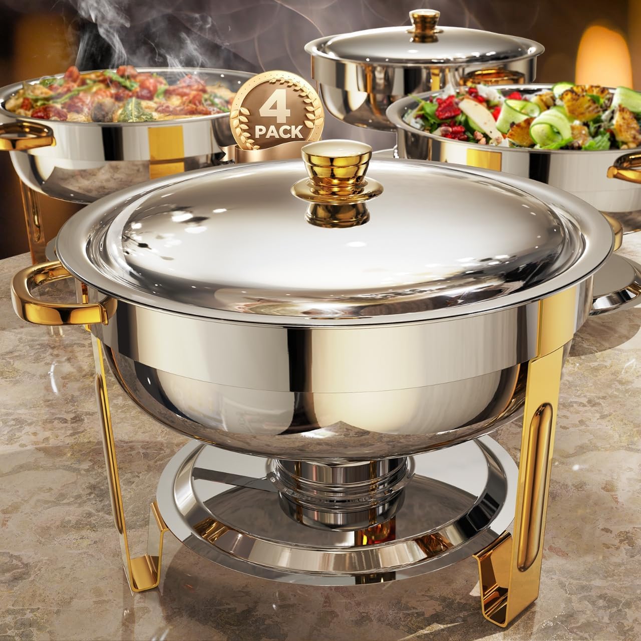 Chafing Dishes for Buffet 4 Pack, 6QT [Worry-Free Assemble] Food Warmers for Parties Buffet [Elegant Gold and Silver Colors] Stainless Steel Round Chafing Dish Buffet Set with Complete Set